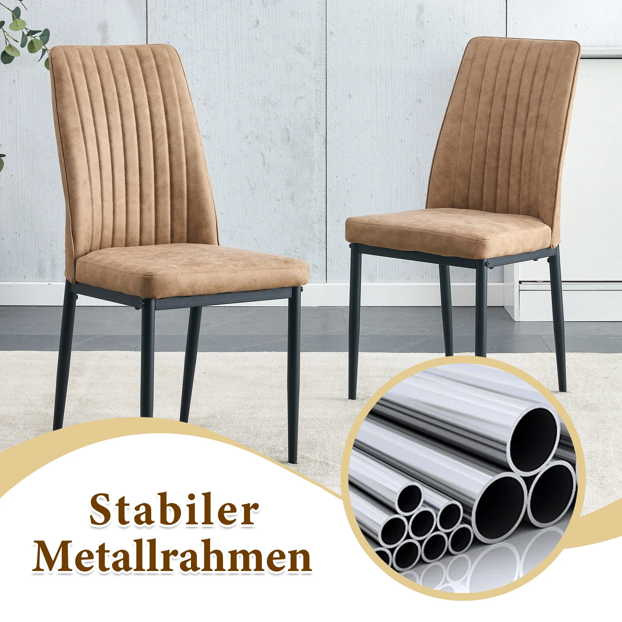 Dining Set Round 100cm Table Storage 4 Chairs - Black Wood Look/Brown Fabric - Image 9