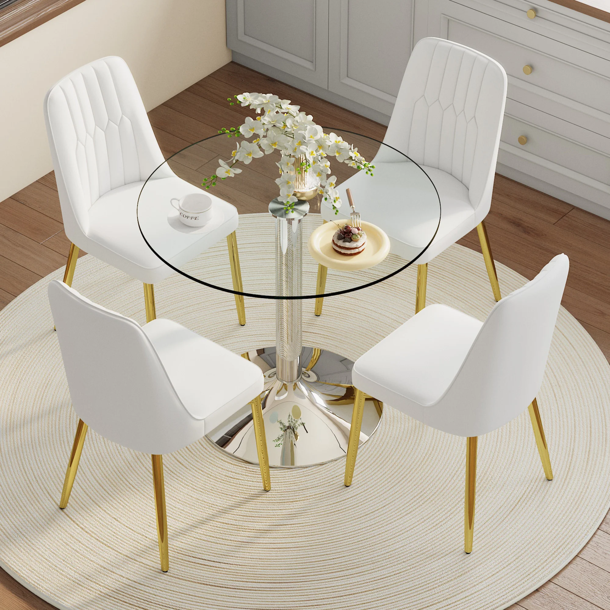 Dining Set Round Glass Table 85cm 4 PU Chairs Gold Legs - White