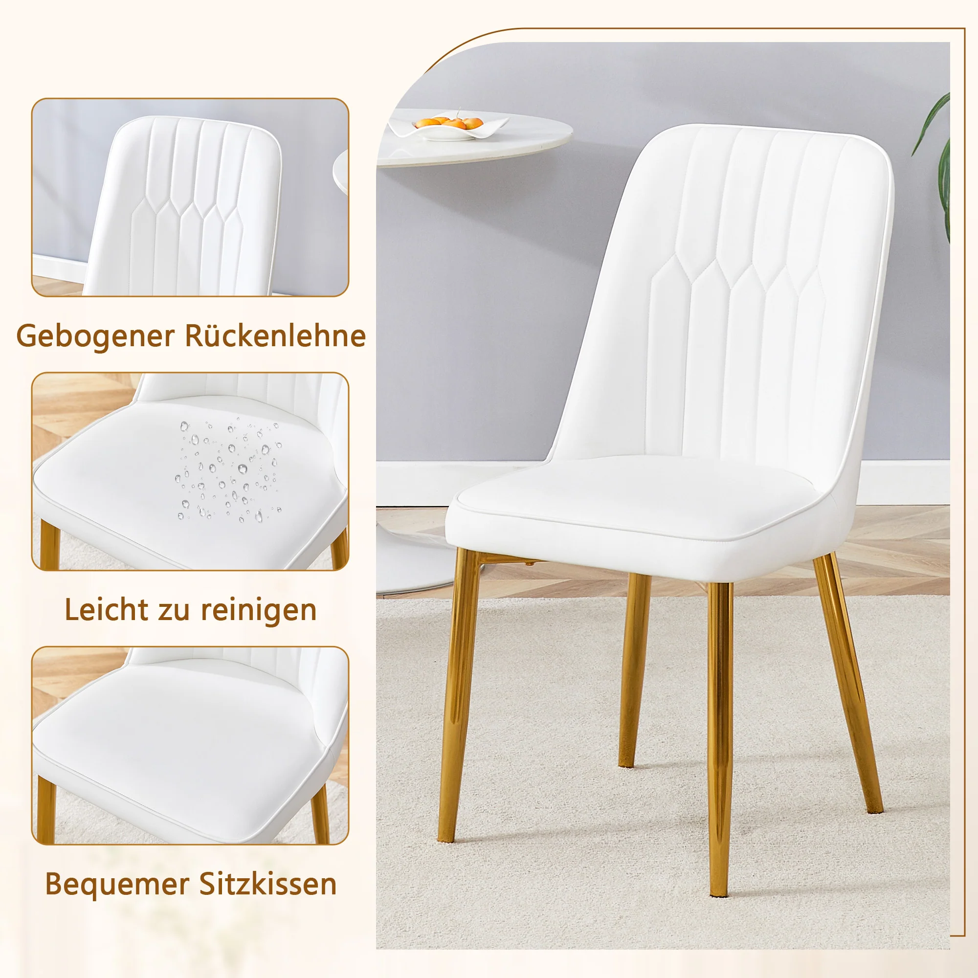 Dining Set Round Glass Table 85cm 4 PU Chairs Gold Legs - White - Image 8