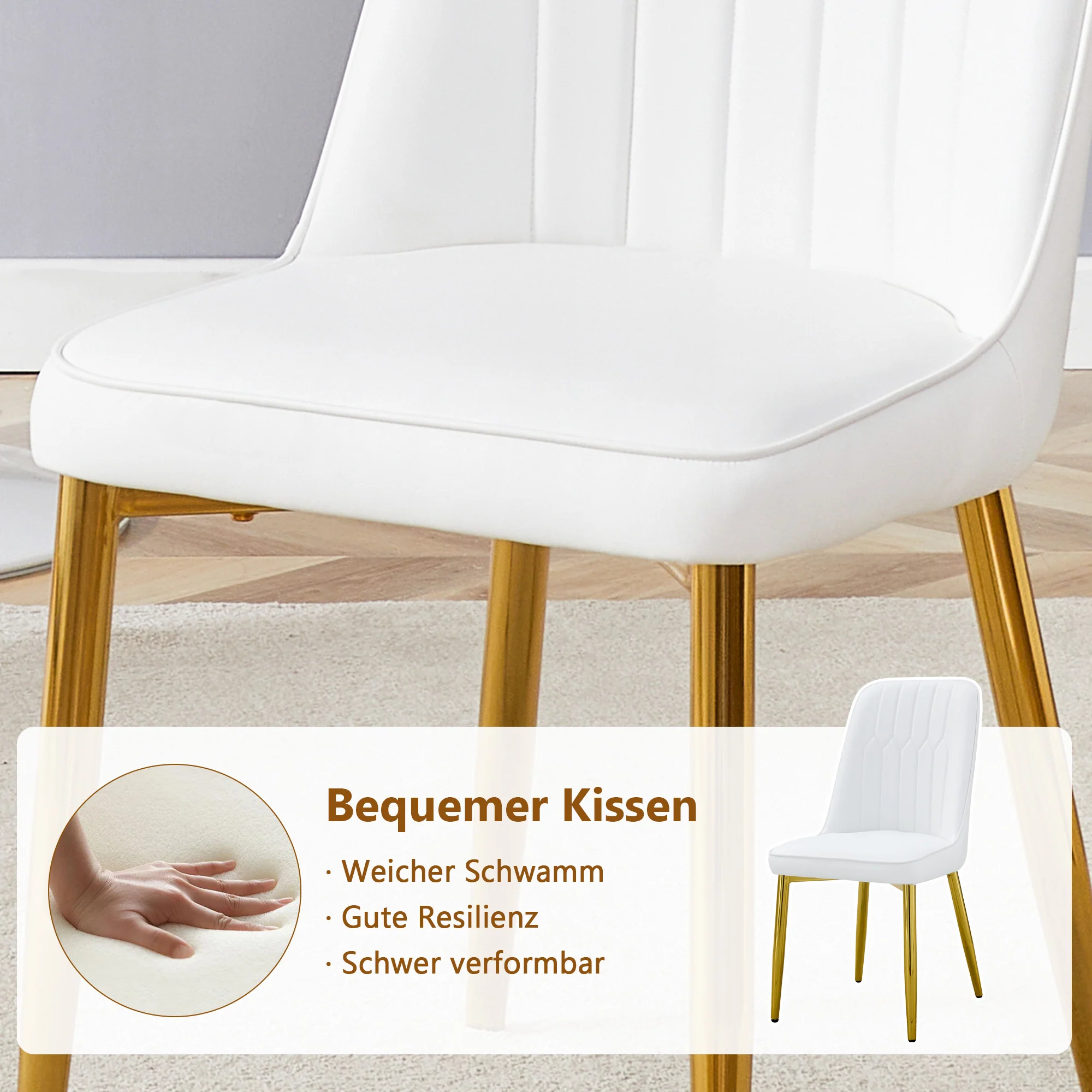 Dining Set Round Glass Table 85cm 4 PU Chairs Gold Legs - White - Image 9