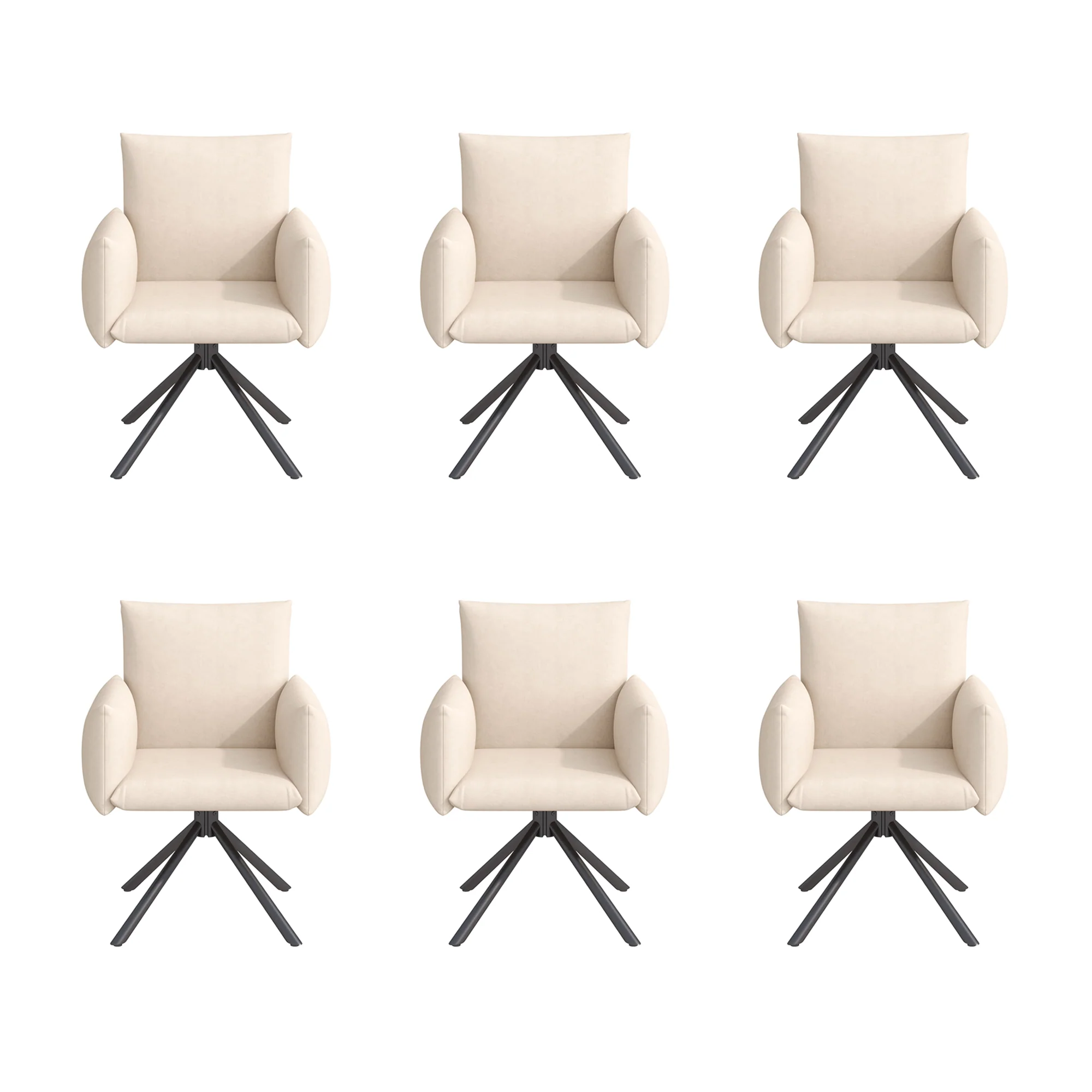 Dining Swivel Armchair Set of 6, Upholstered 360° Metal Legs Lumbar Support - Velvet Beige - Image 10