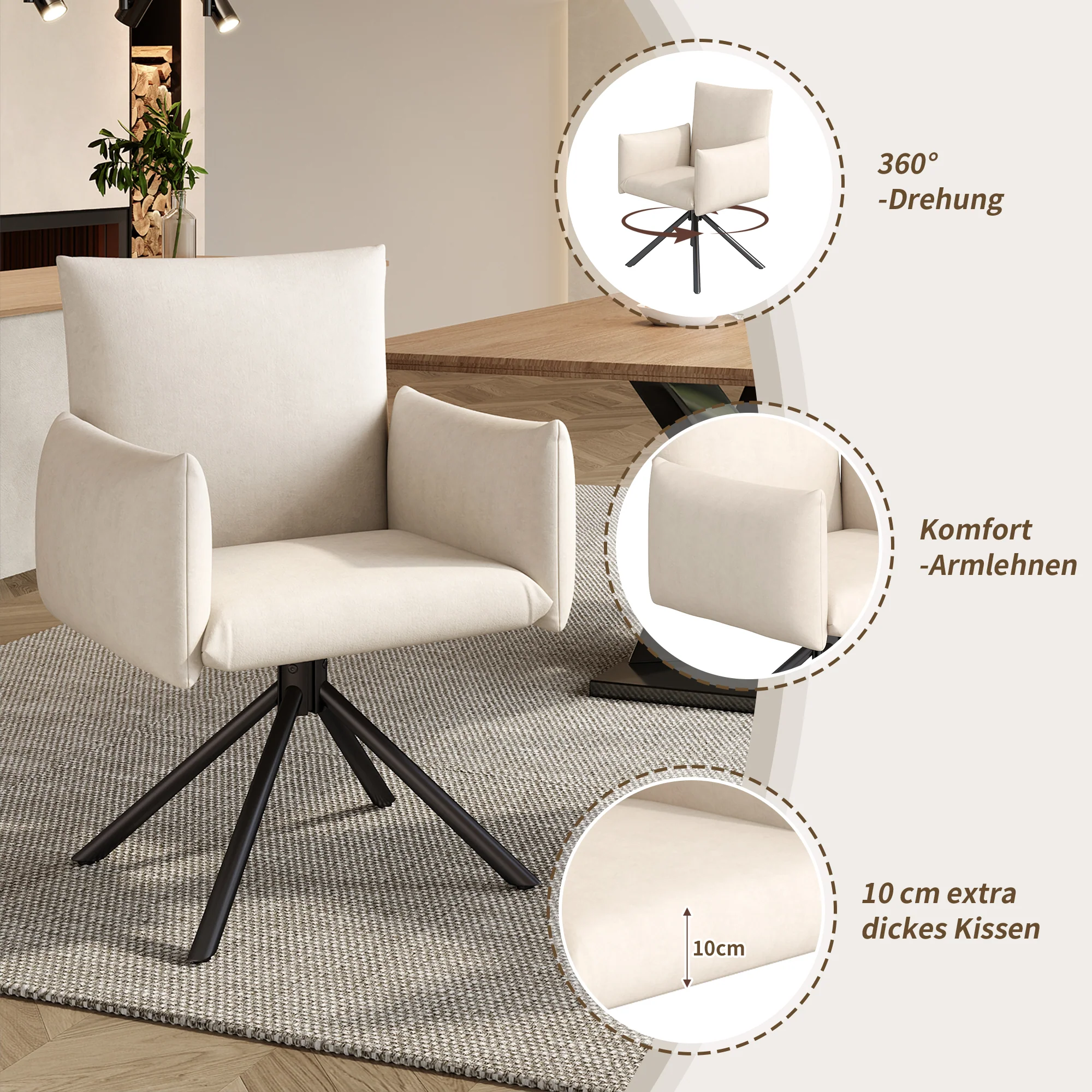 Dining Swivel Armchair Set of 6, Upholstered 360° Metal Legs Lumbar Support - Velvet Beige - Image 3