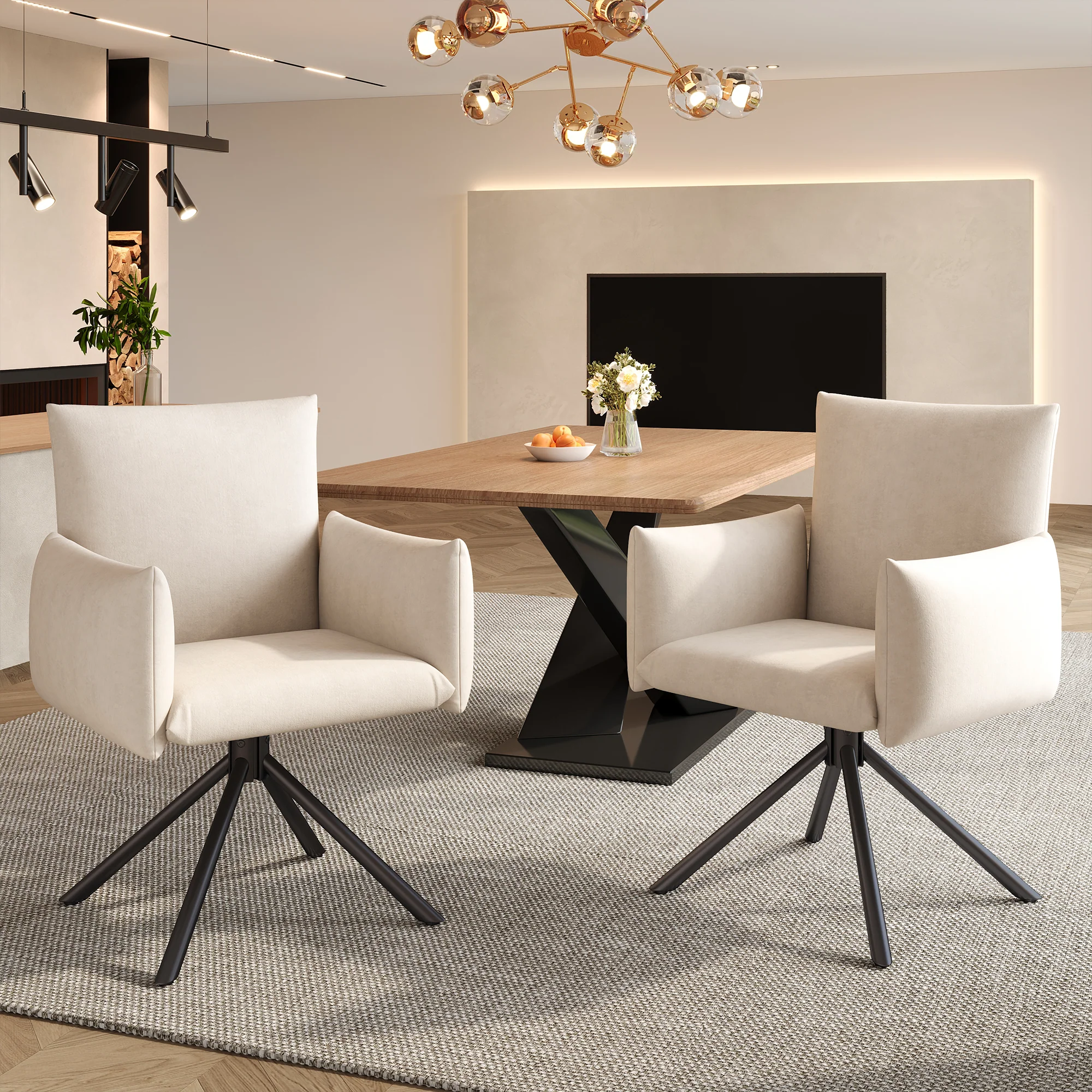 Dining Swivel Armchair Set of 6, Upholstered 360° Metal Legs Lumbar Support - Velvet Beige - Image 6