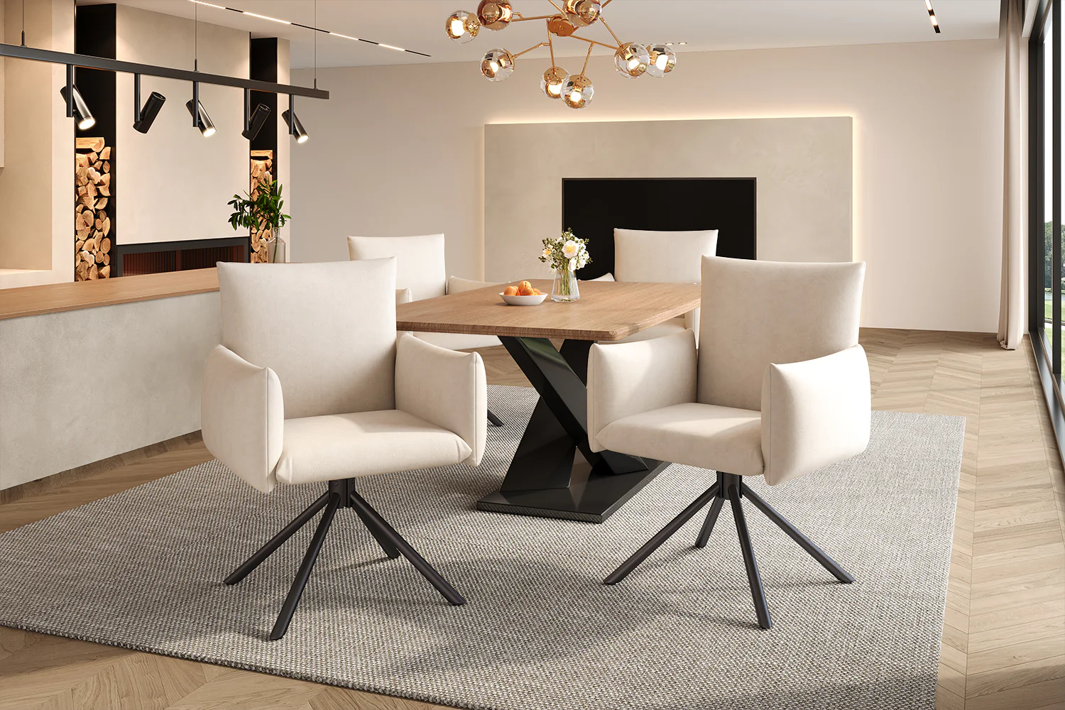 Dining Swivel Armchair Set of 6, Upholstered 360° Metal Legs Lumbar Support - Velvet Beige - Image 8