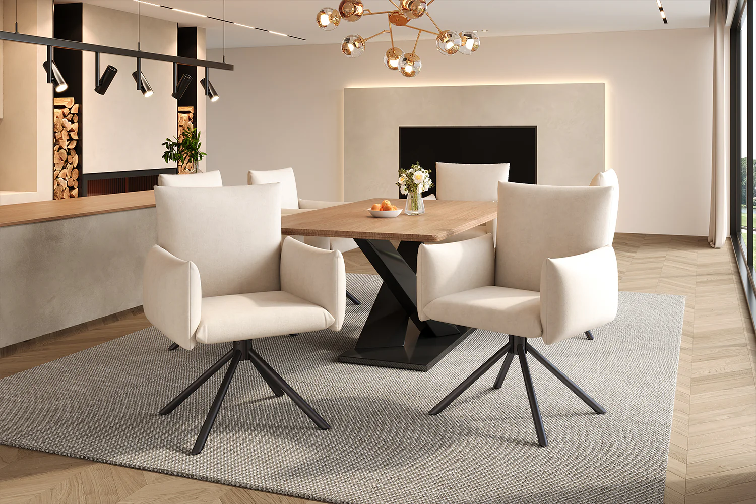 Dining Swivel Armchair Set of 6, Upholstered 360° Metal Legs Lumbar Support - Velvet Beige - Image 9