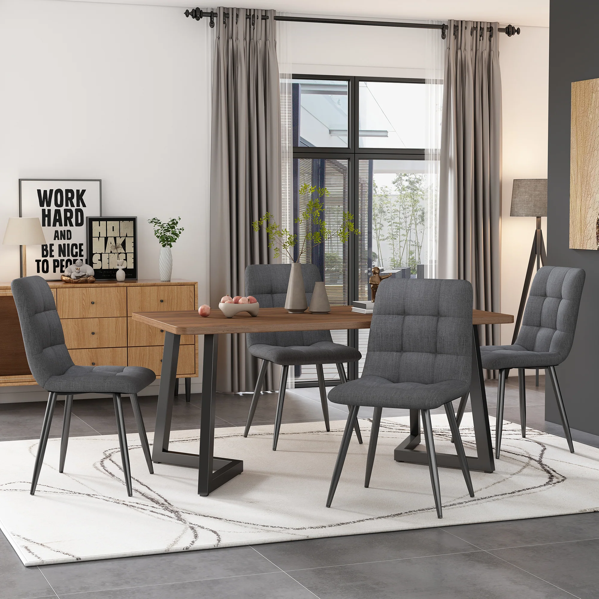 Dining Table 117x68cm Rectangular Wood Grain Metal Legs, Black/Walnut Color - Image 2