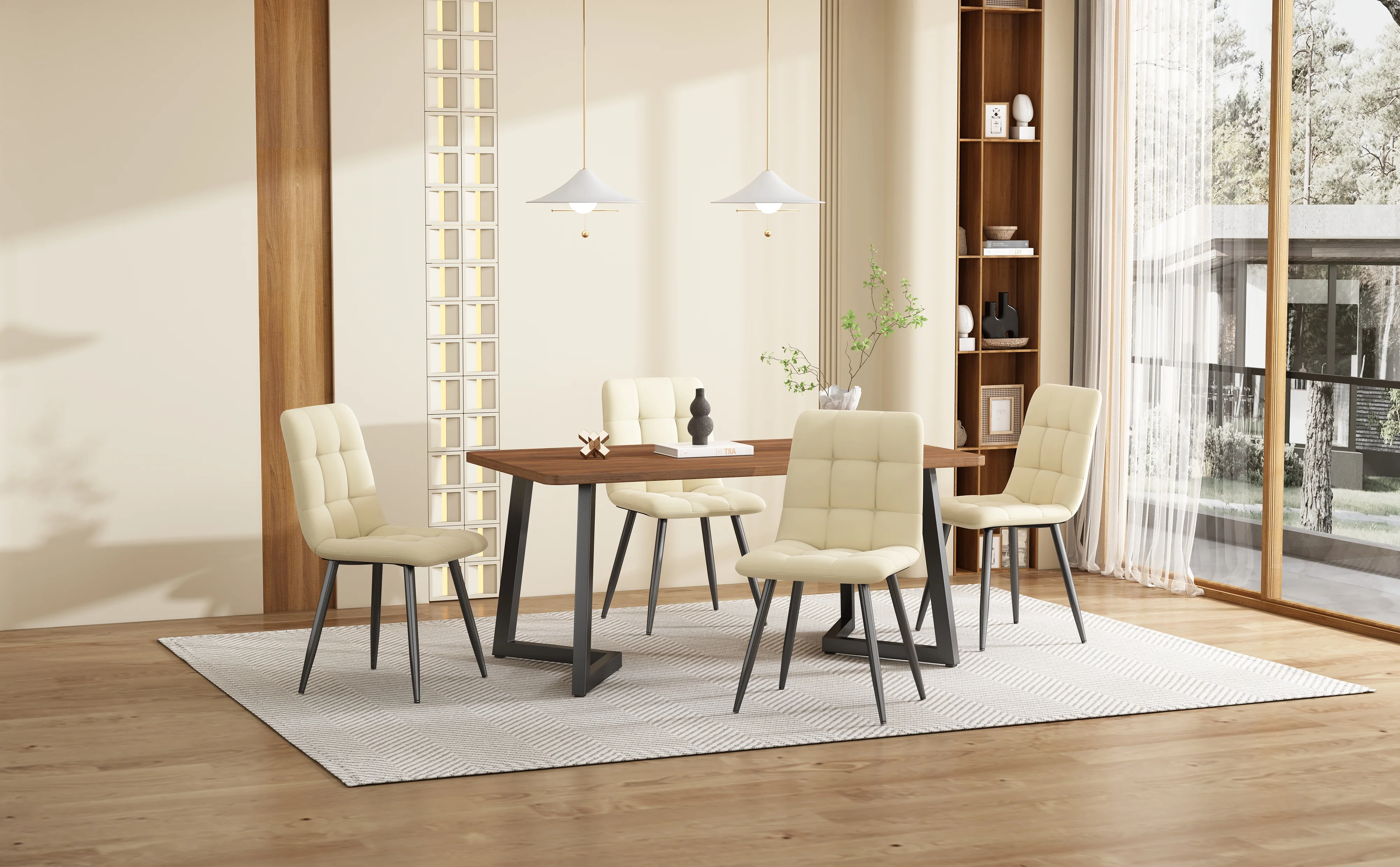 Dining Table 117x68cm Rectangular Wood Grain Metal Legs, Black/Walnut Color - Image 3