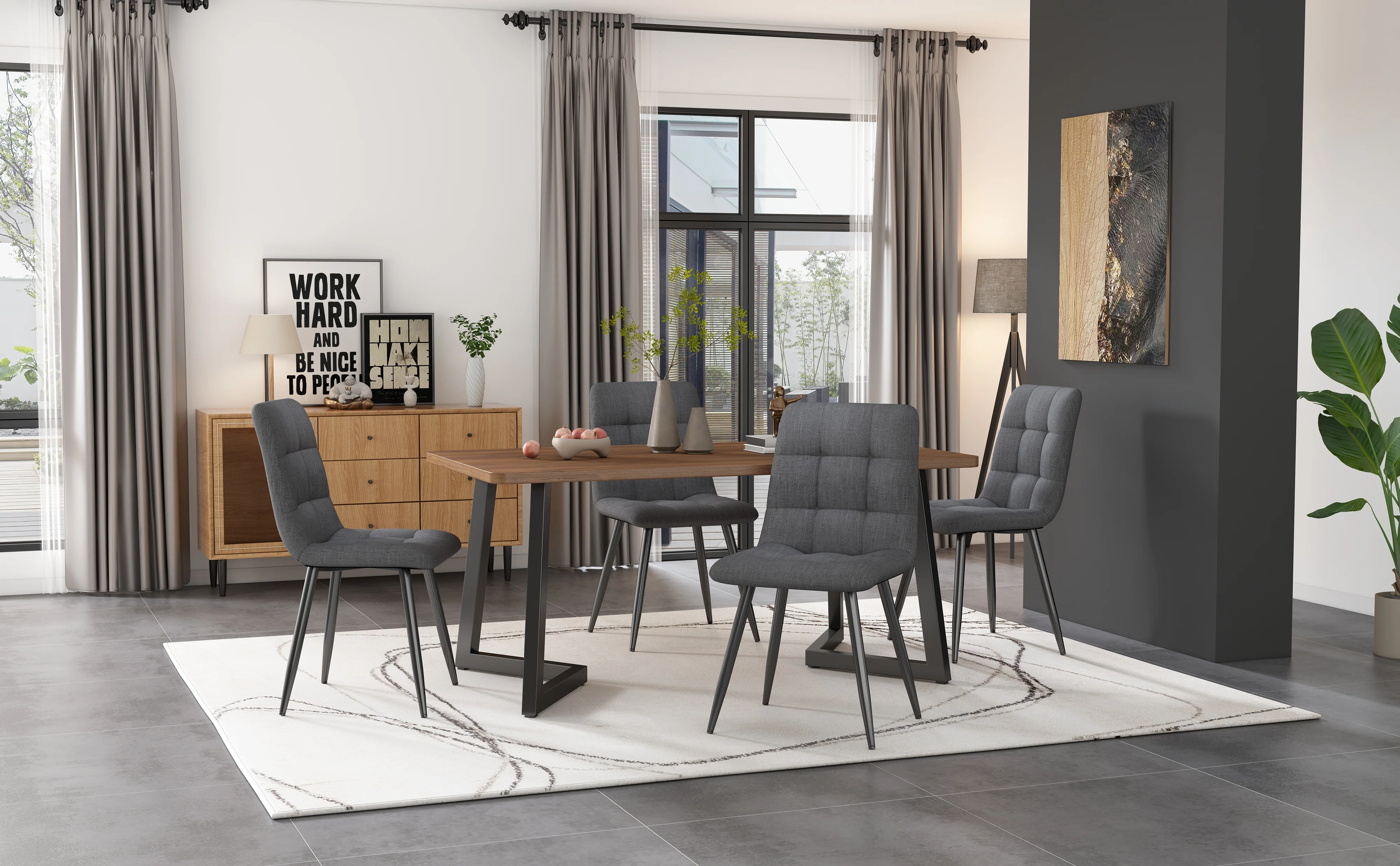Dining Table 117x68cm Rectangular Wood Grain Metal Legs, Black/Walnut Color - Image 4