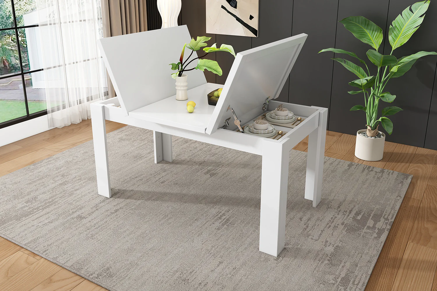 Dining Table 120x70cm Rectangular Storage Space-Saving - White - Image 9