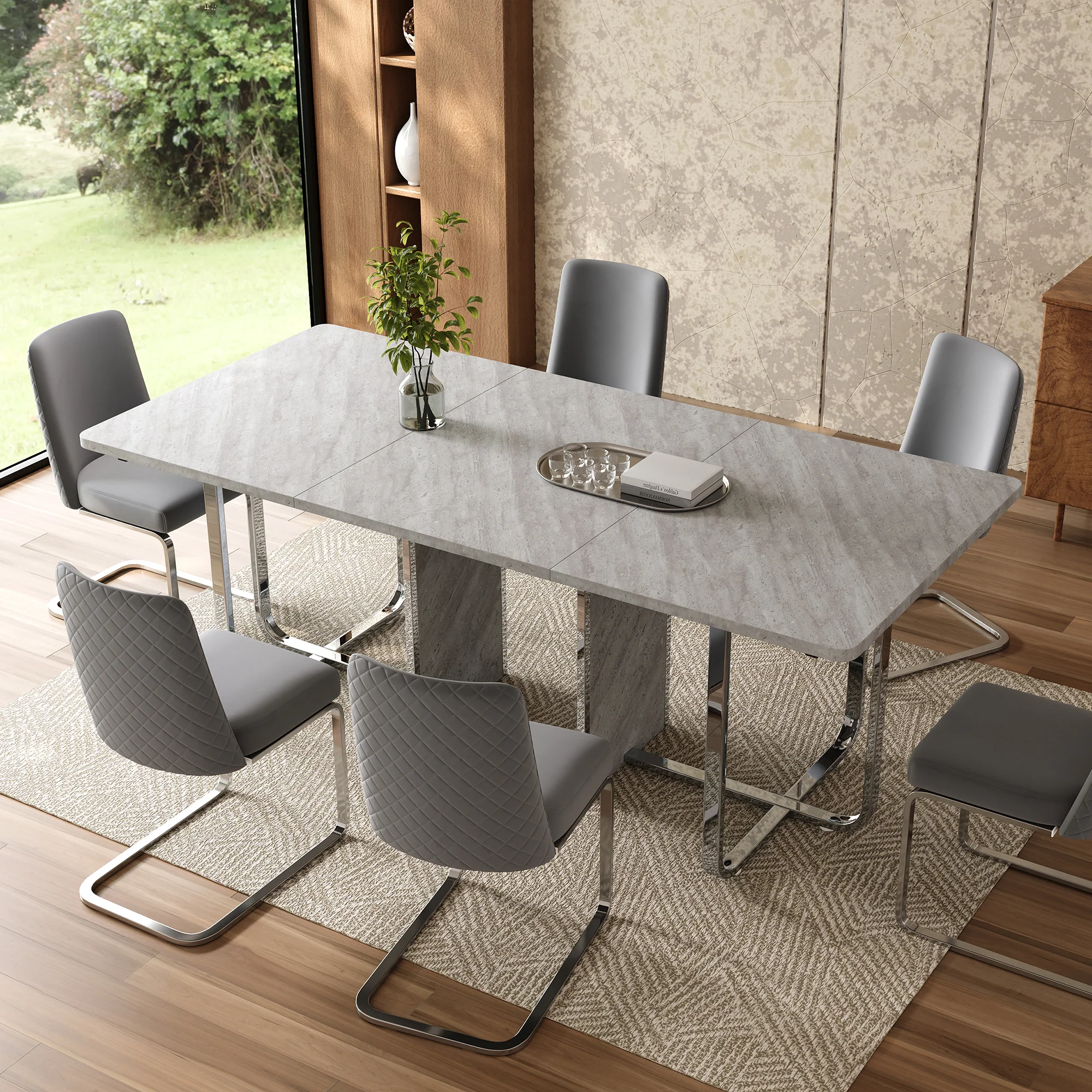 Dining Table 180x80cm Rectangular 6-Seater Metal Legs - Grey/Silver - Image 2