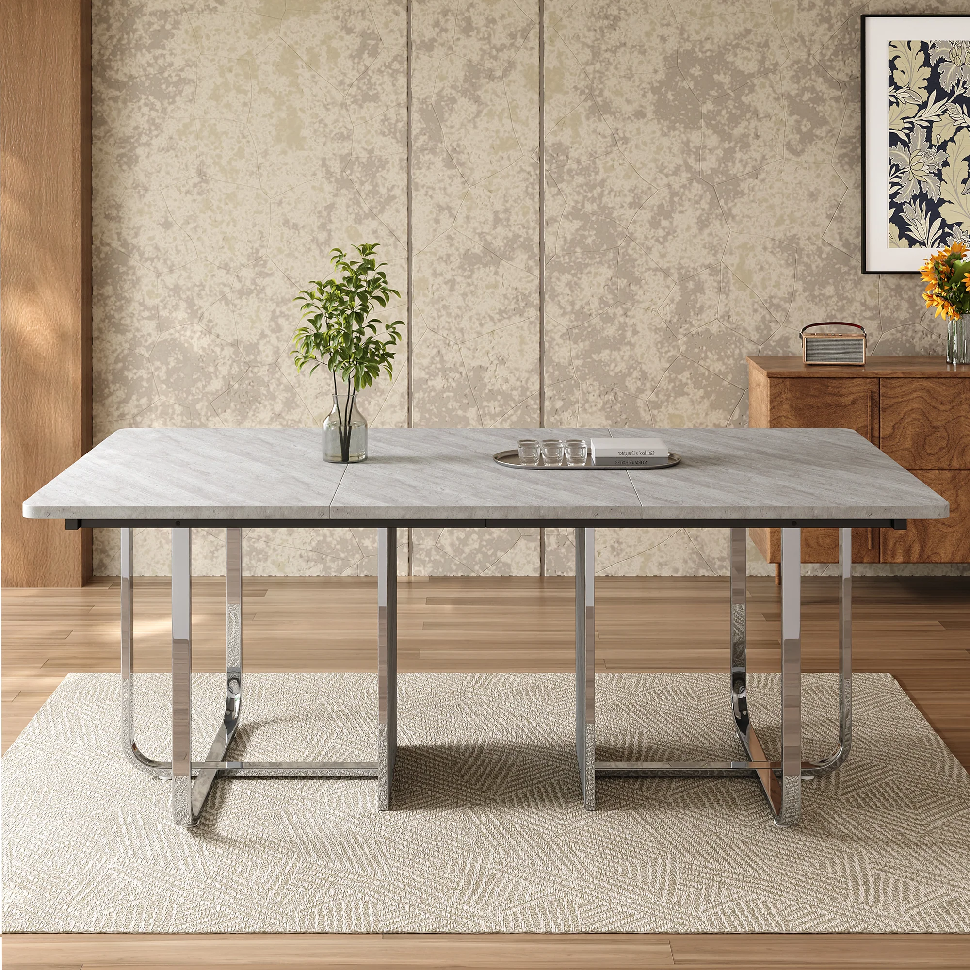 Dining Table 180x80cm Rectangular 6-Seater Metal Legs - Grey/Silver - Image 3