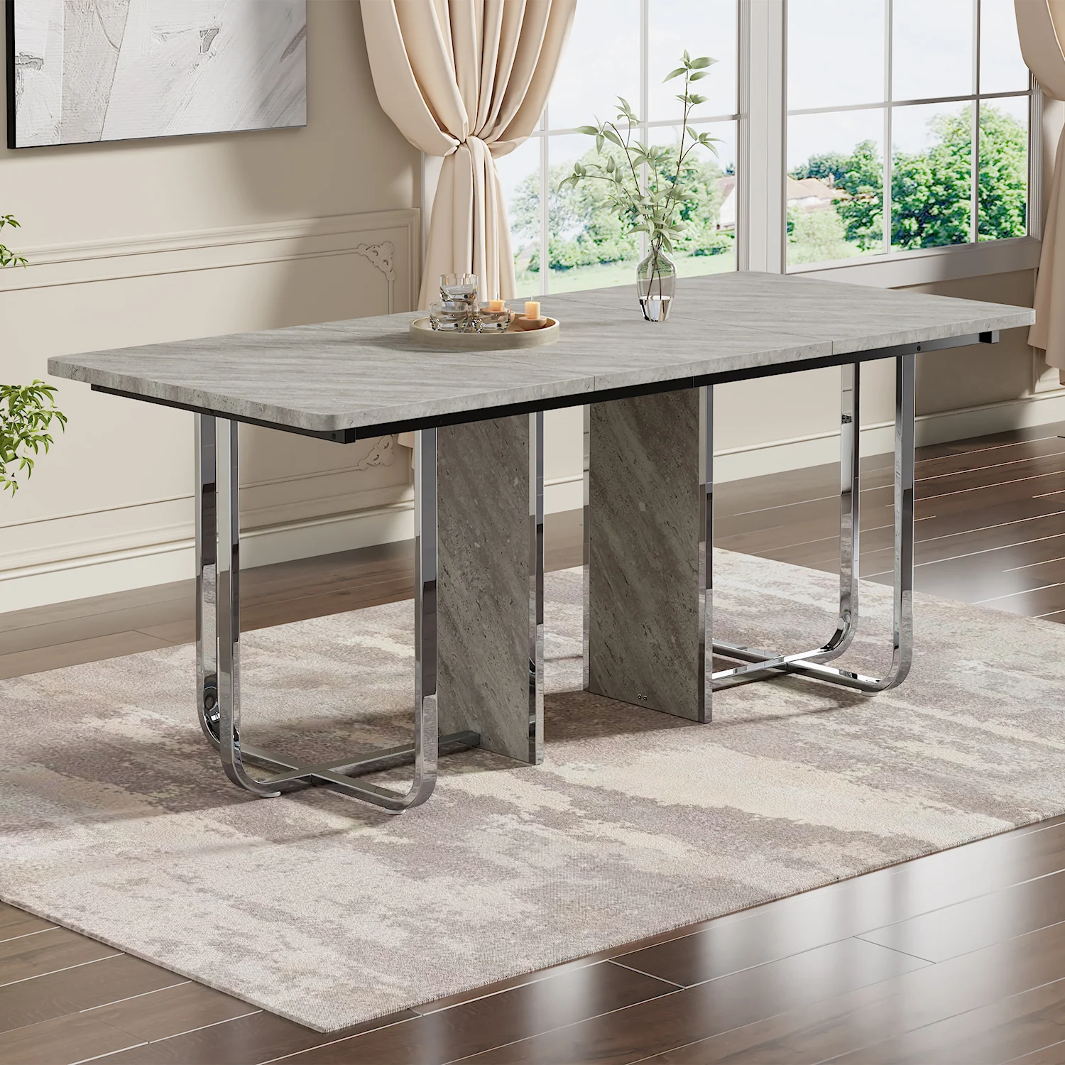 Dining Table 180x80cm Rectangular 6-Seater Metal Legs - Grey/Silver - Image 4