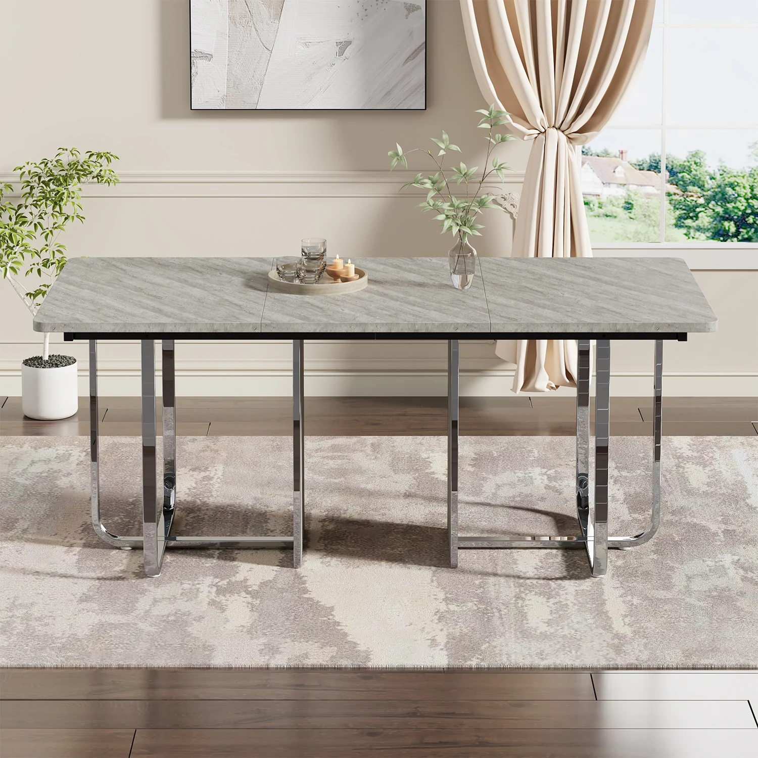 Dining Table 180x80cm Rectangular 6-Seater Metal Legs - Grey/Silver - Image 5