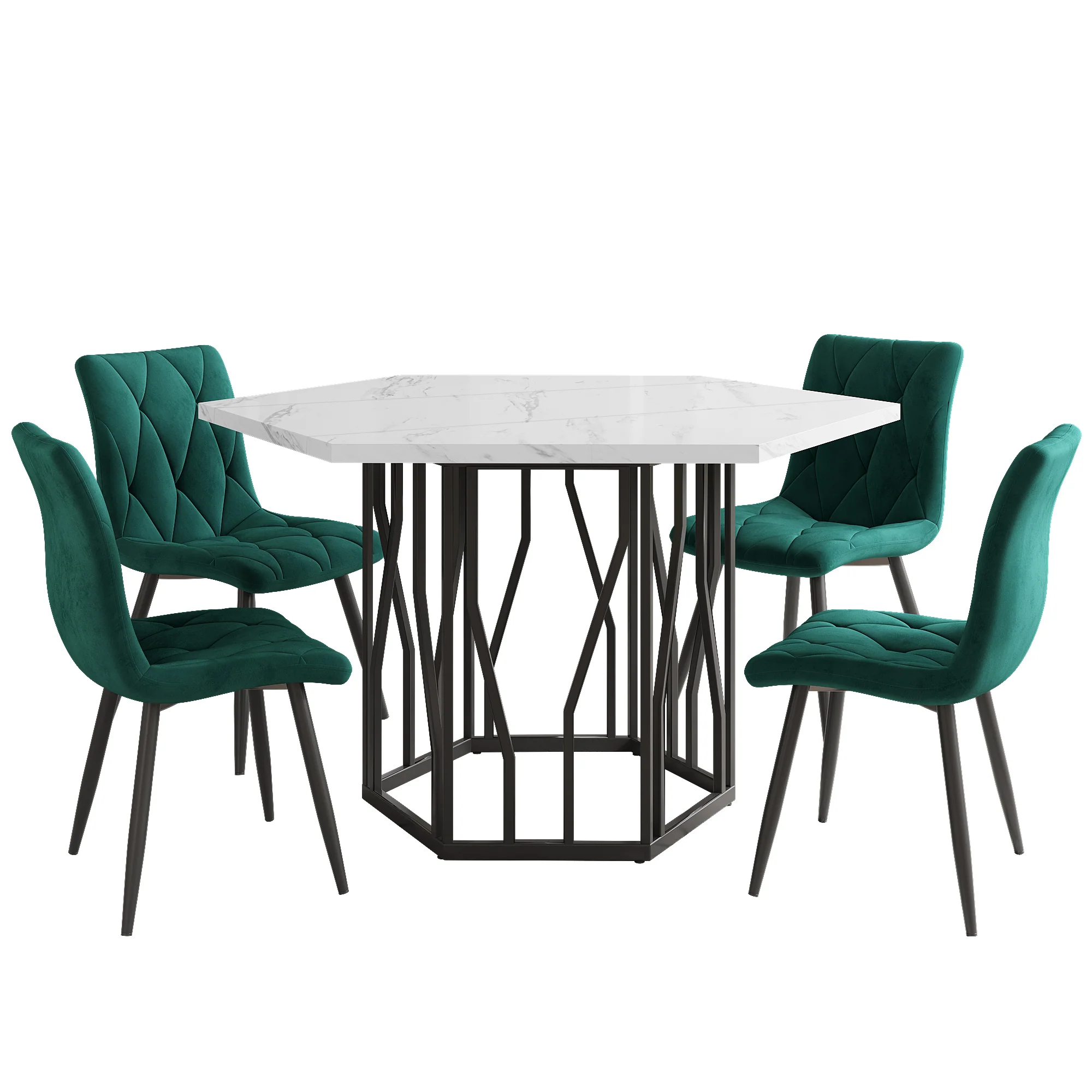 Dining Table and Chair Set 5-Piece Modern Hexagonal Marble Table 4 Green Velvet Chairs - Image 4