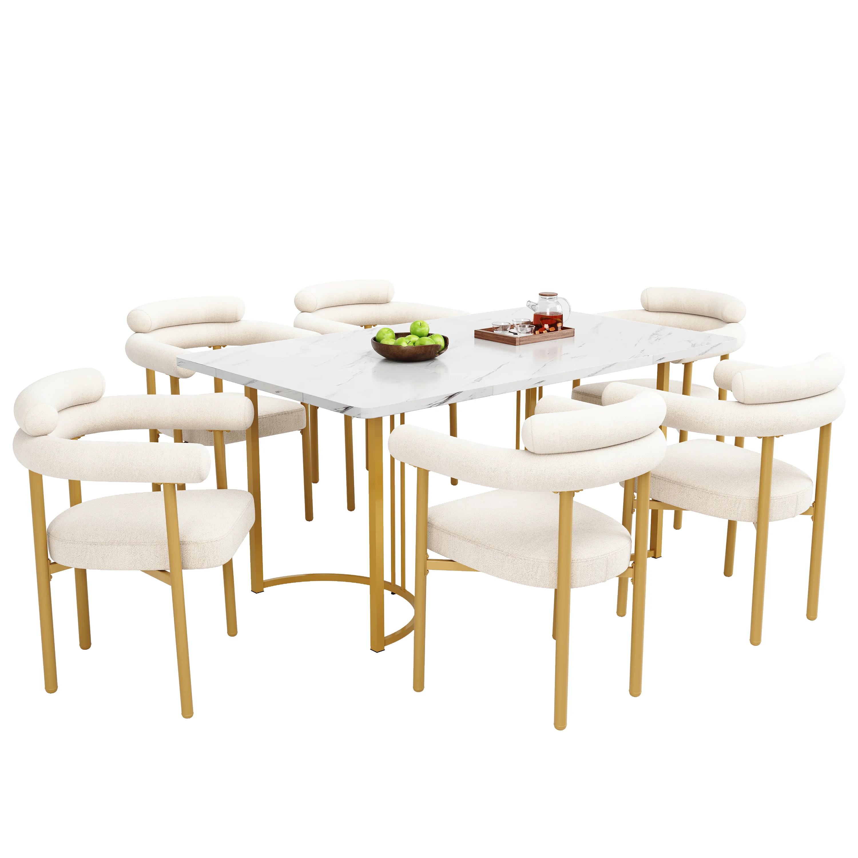 Dining Table and Chair Set 7-Piece with Designer Metal Legs and 6 Hollow Armchairs Cream Suede & Gold - Image 3