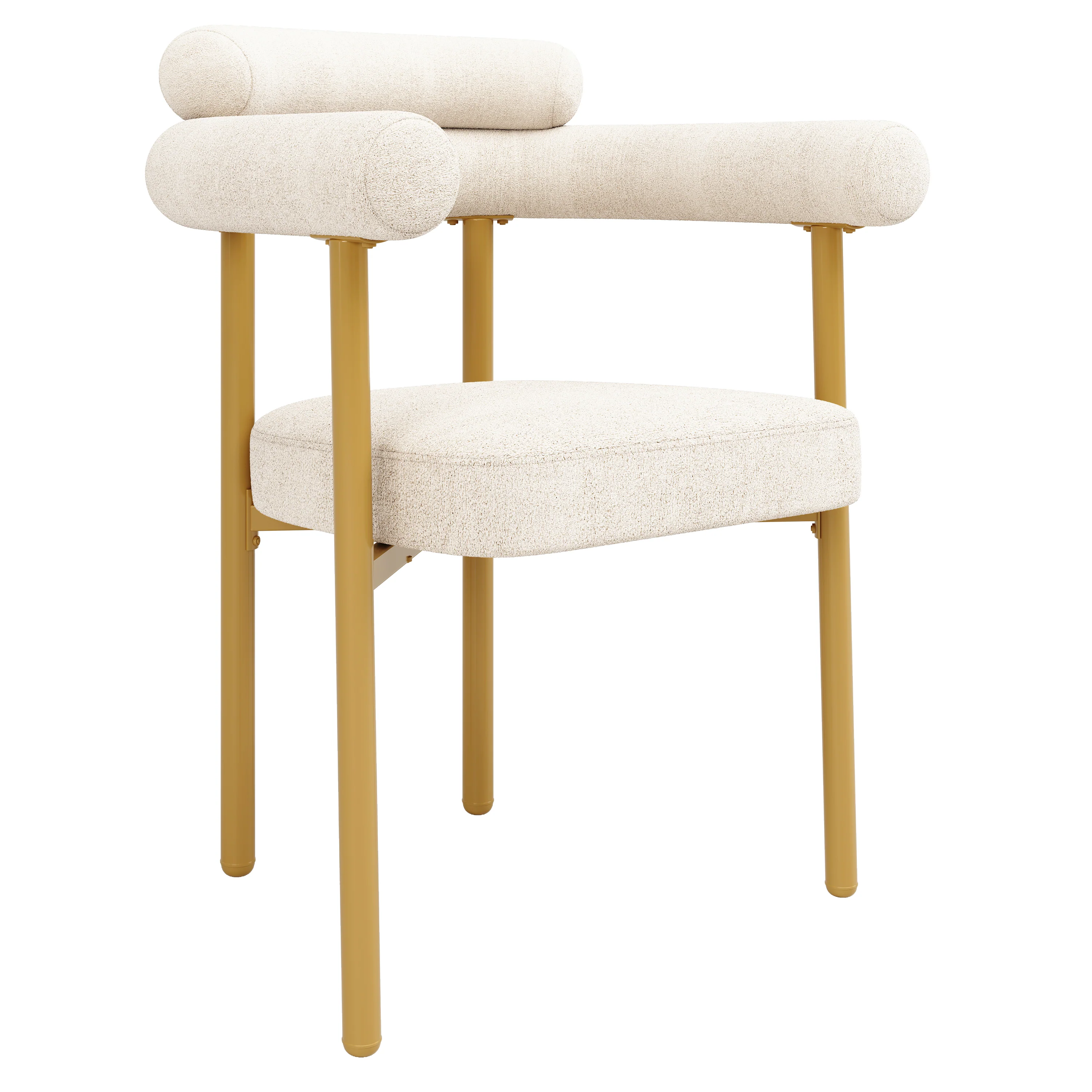 Dining Table and Chair Set 7-Piece with Designer Metal Legs and 6 Hollow Armchairs Cream Suede & Gold - Image 9