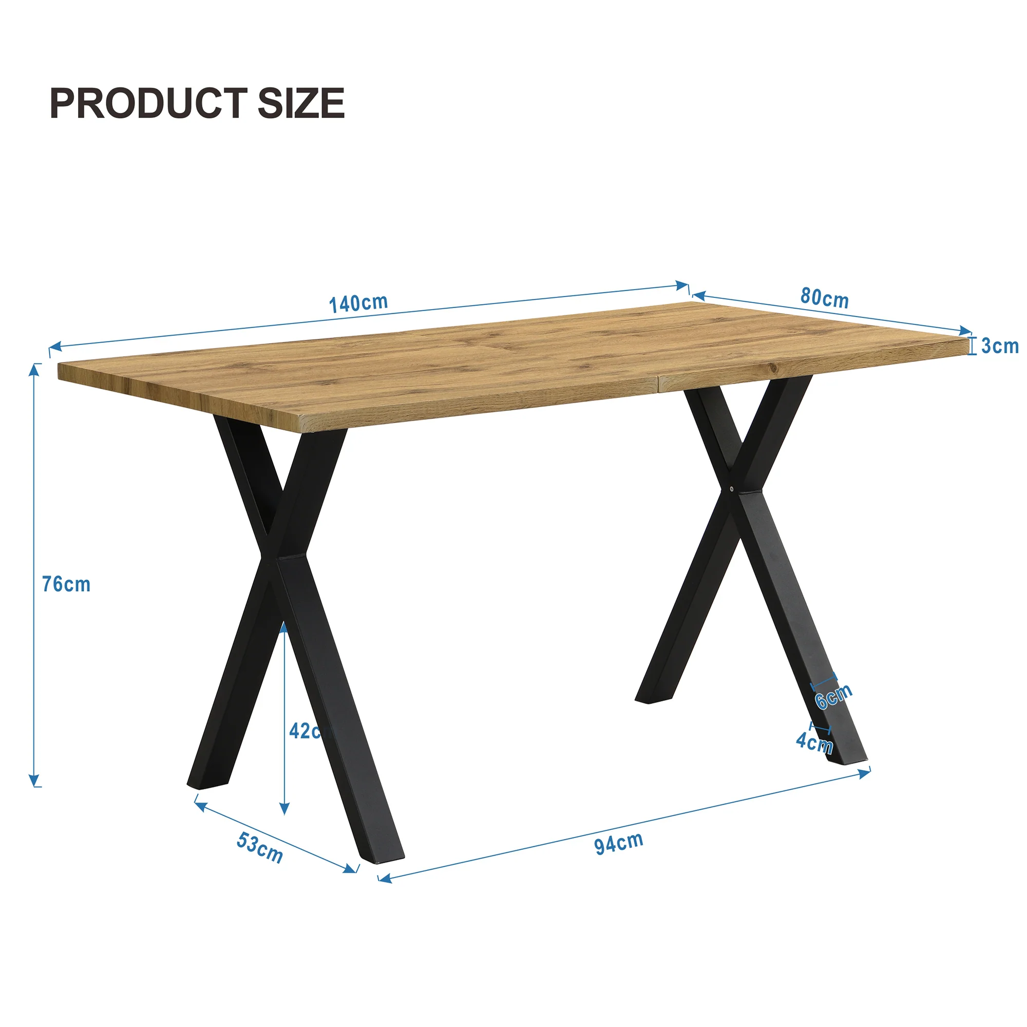 Dining Table Rectangular Crossed Legs 140x80x76cm - Oak/Black - Image 4