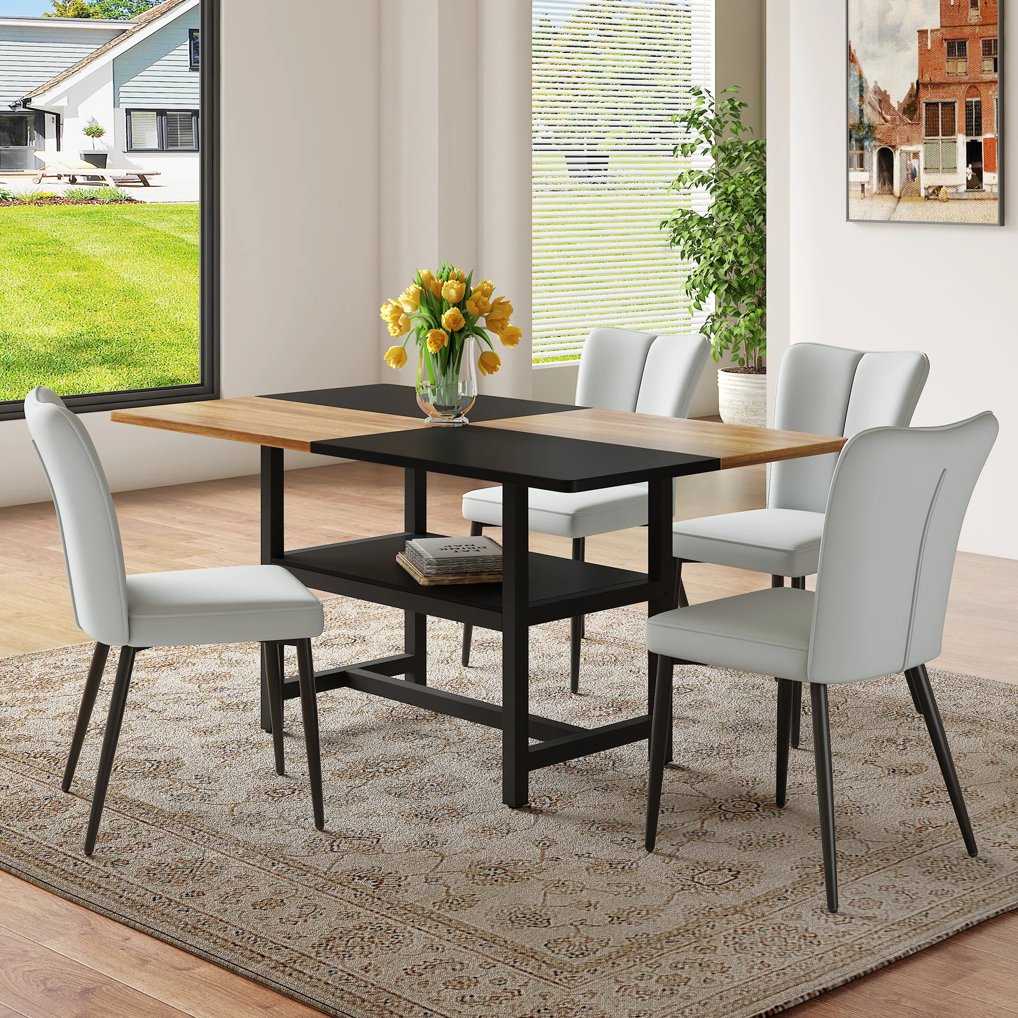 Dining Table Set 160cm Rectangular Storage 4 Chairs - Light Grey PU Leather