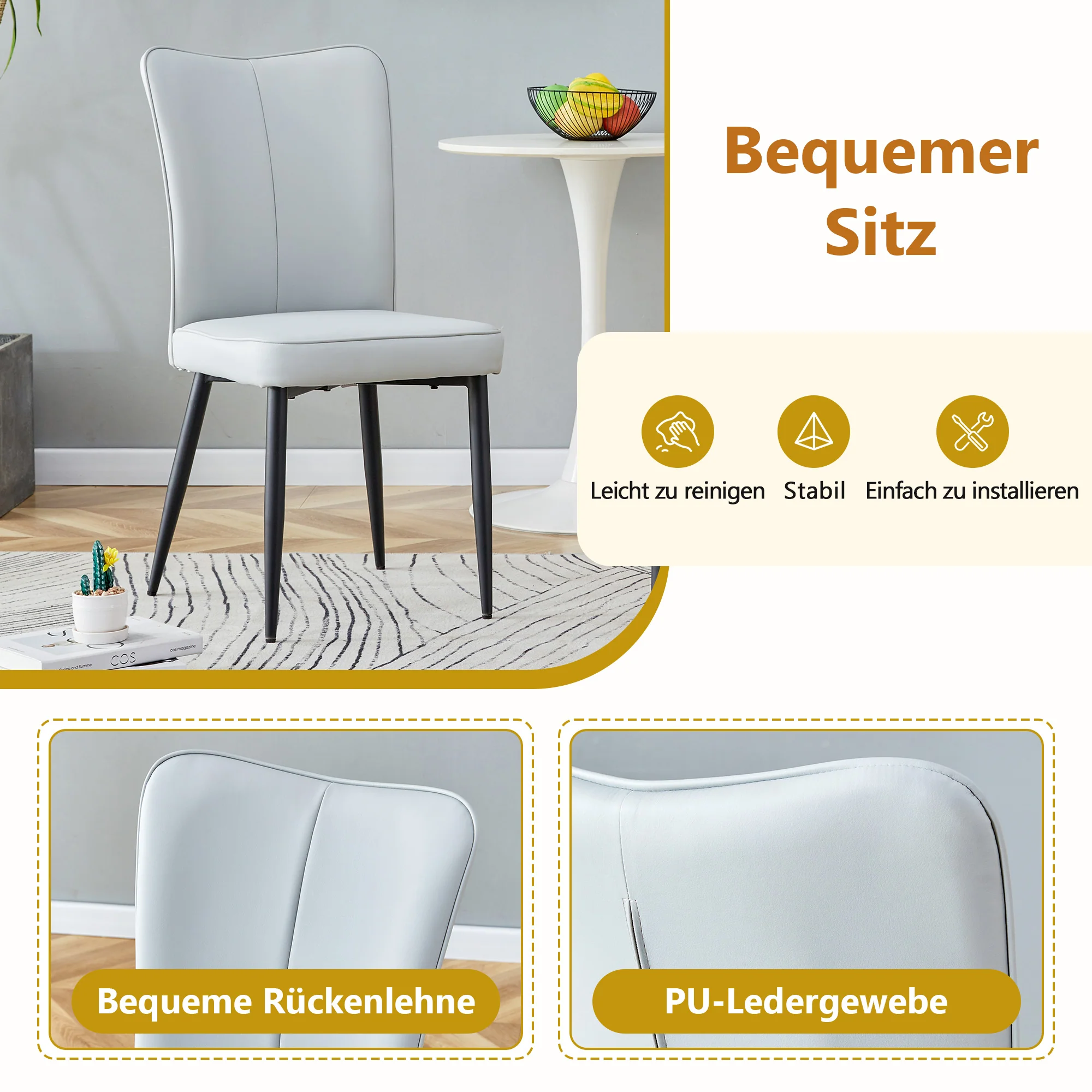 Dining Table Set 160cm Rectangular Storage 4 Chairs - Light Grey PU Leather - Image 6