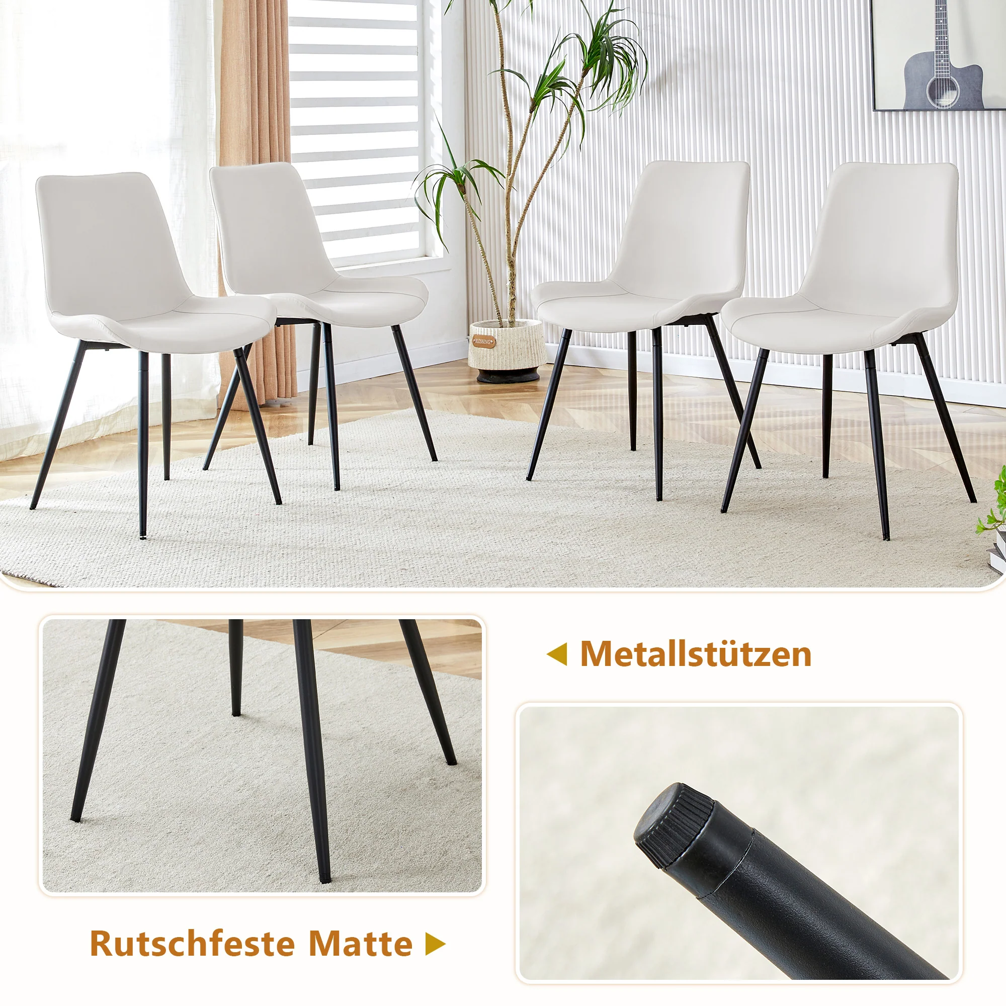 Dining Table Set 160cm Rectangular Storage 4 Chairs - White PU - Image 6