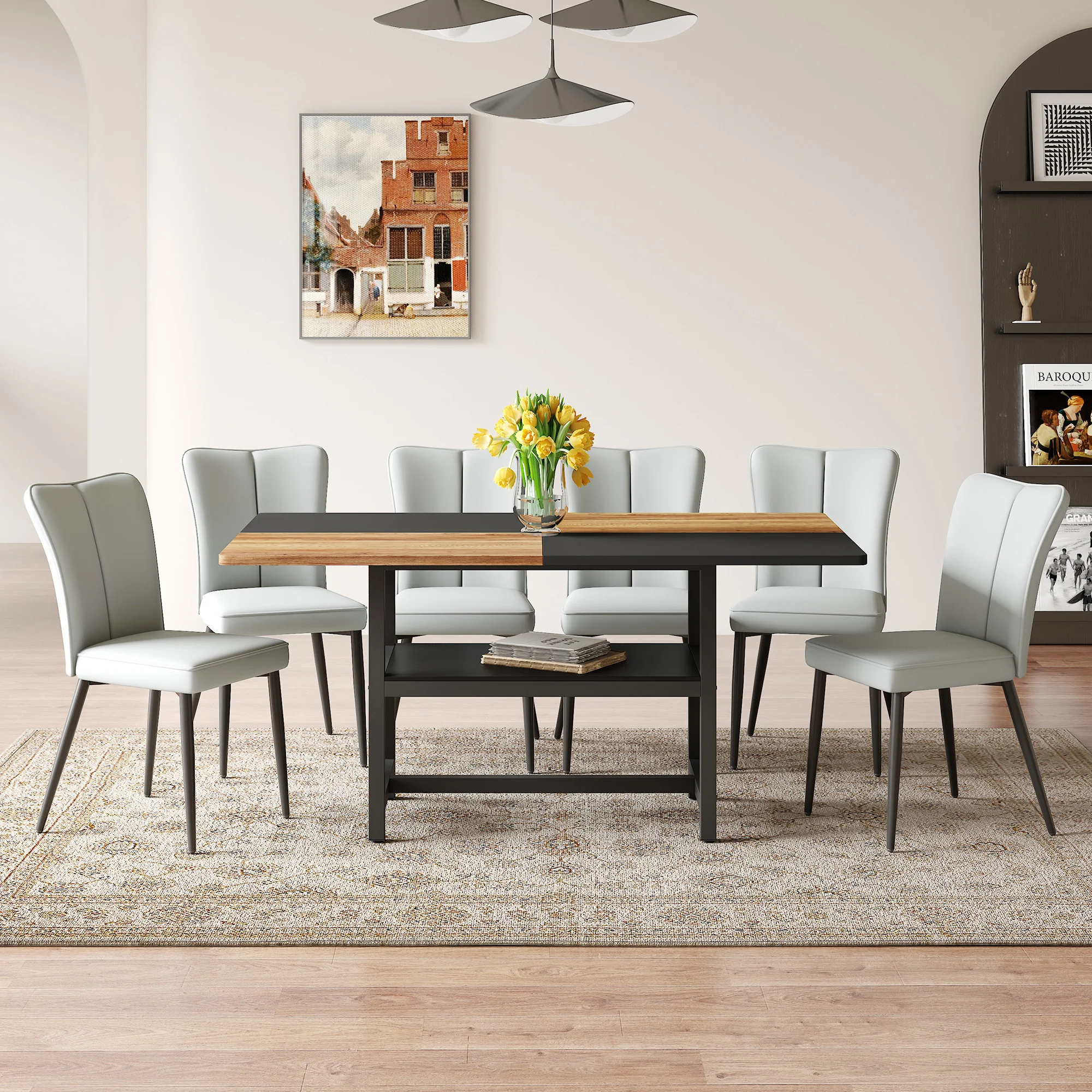 Dining Table Set 160cm Rectangular with Storage & 6 Chairs Light Grey PU Leather/Black Metal - Image 2