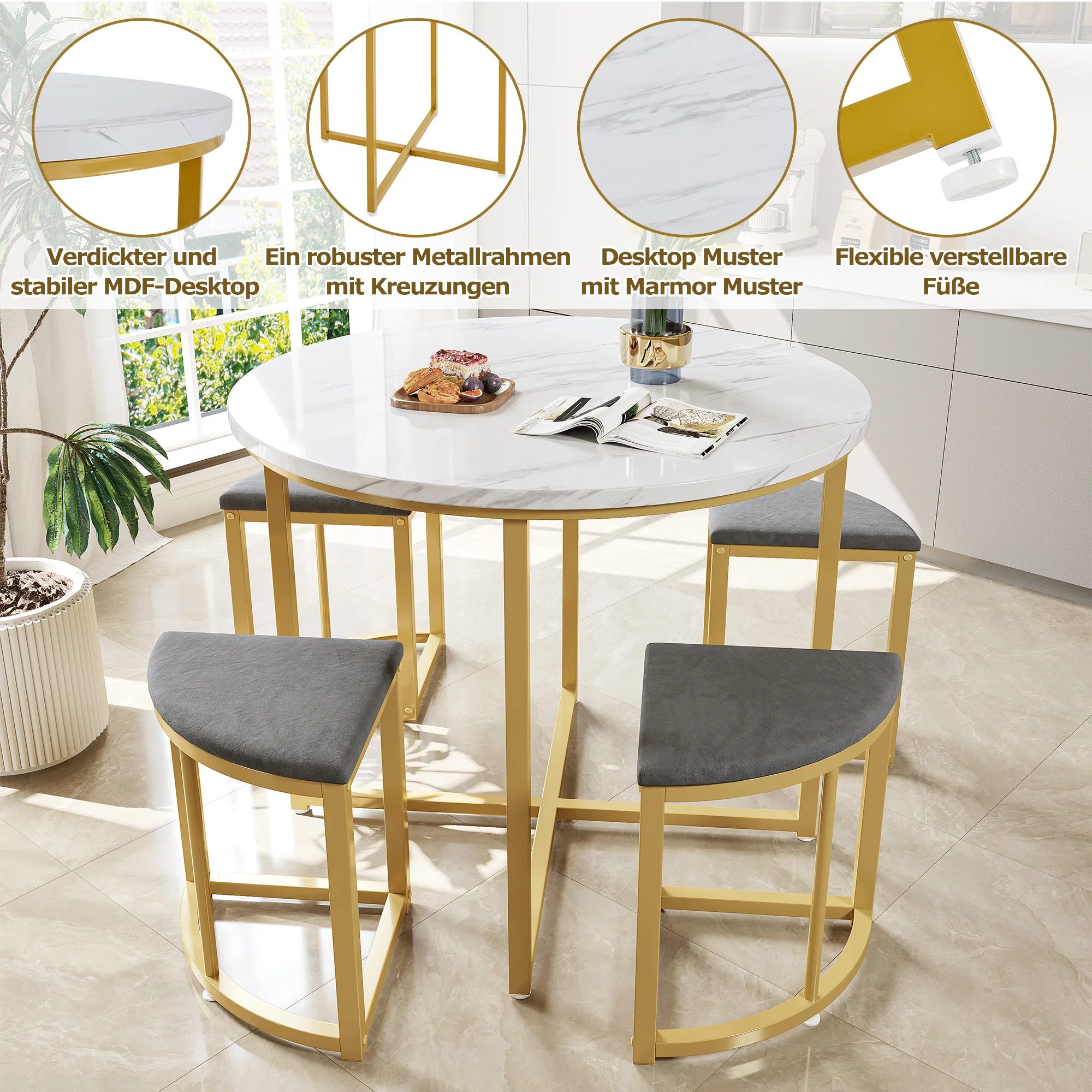 Dining Table Set 5-Piece Modern Luxury Gilded Iron Frame Grey Velvet - Image 5