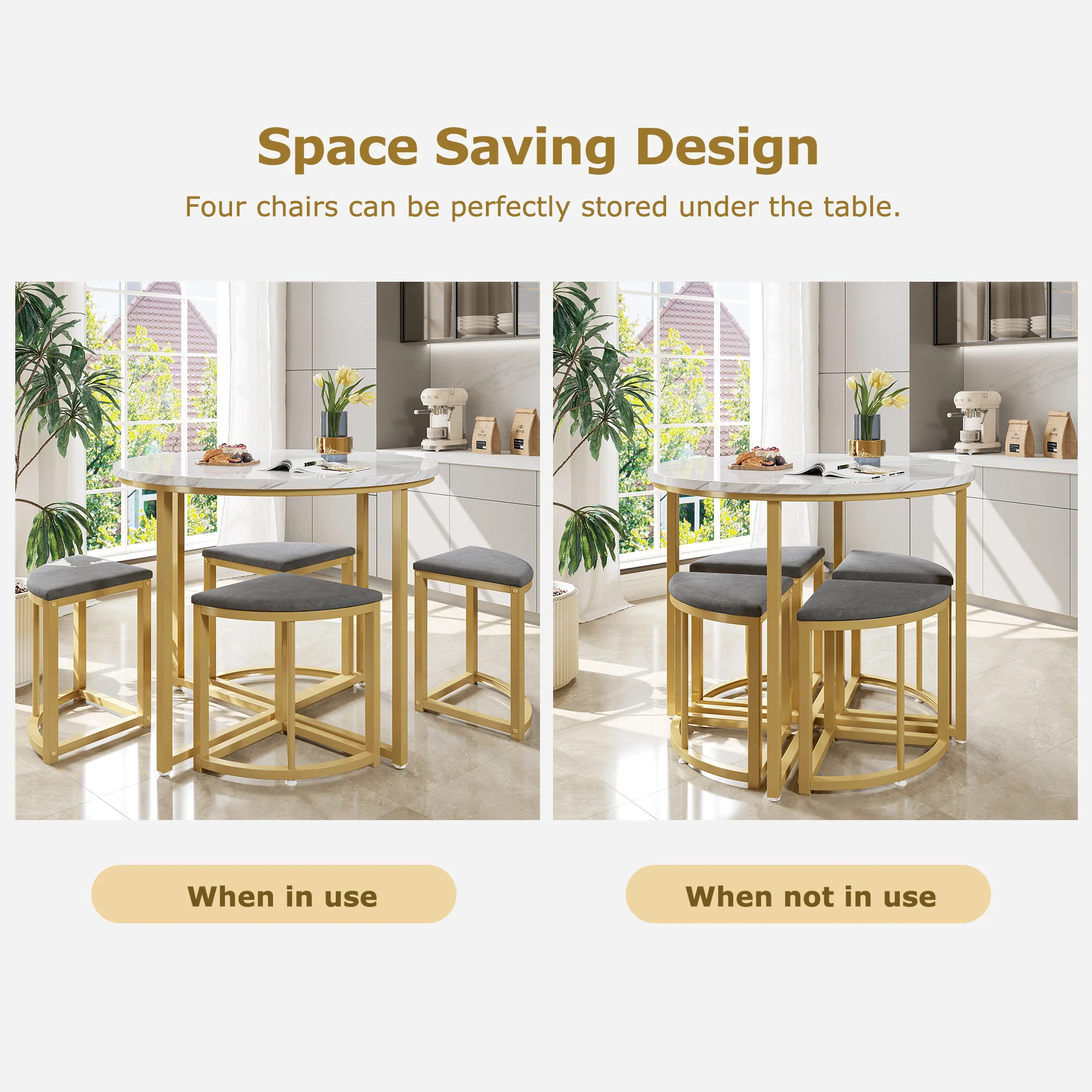 Dining Table Set 5-Piece Modern Luxury Gilded Iron Frame Grey Velvet - Image 8