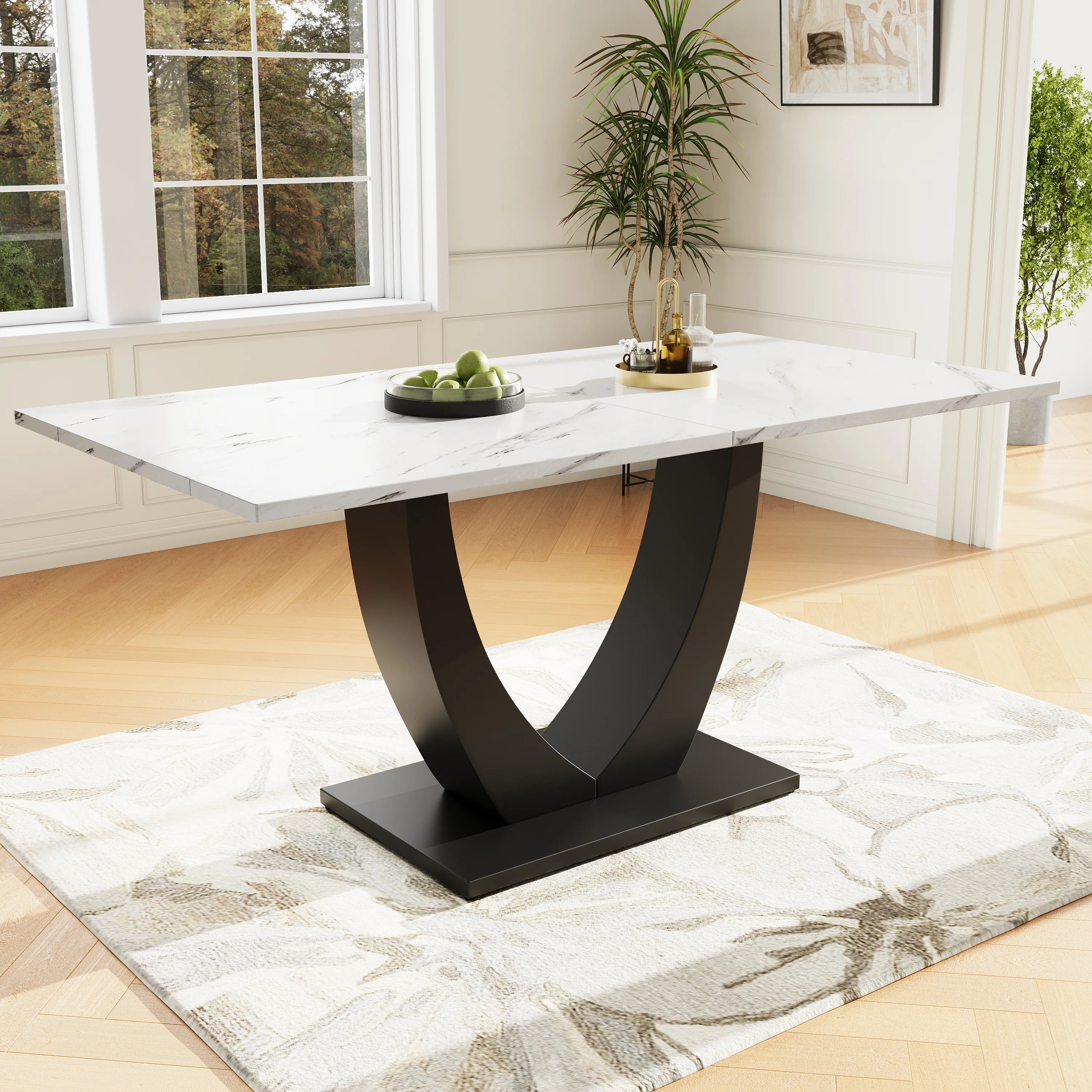Dining Table Set 5-Piece Modern U-Shaped White Marble Grey Velvet - Image 2