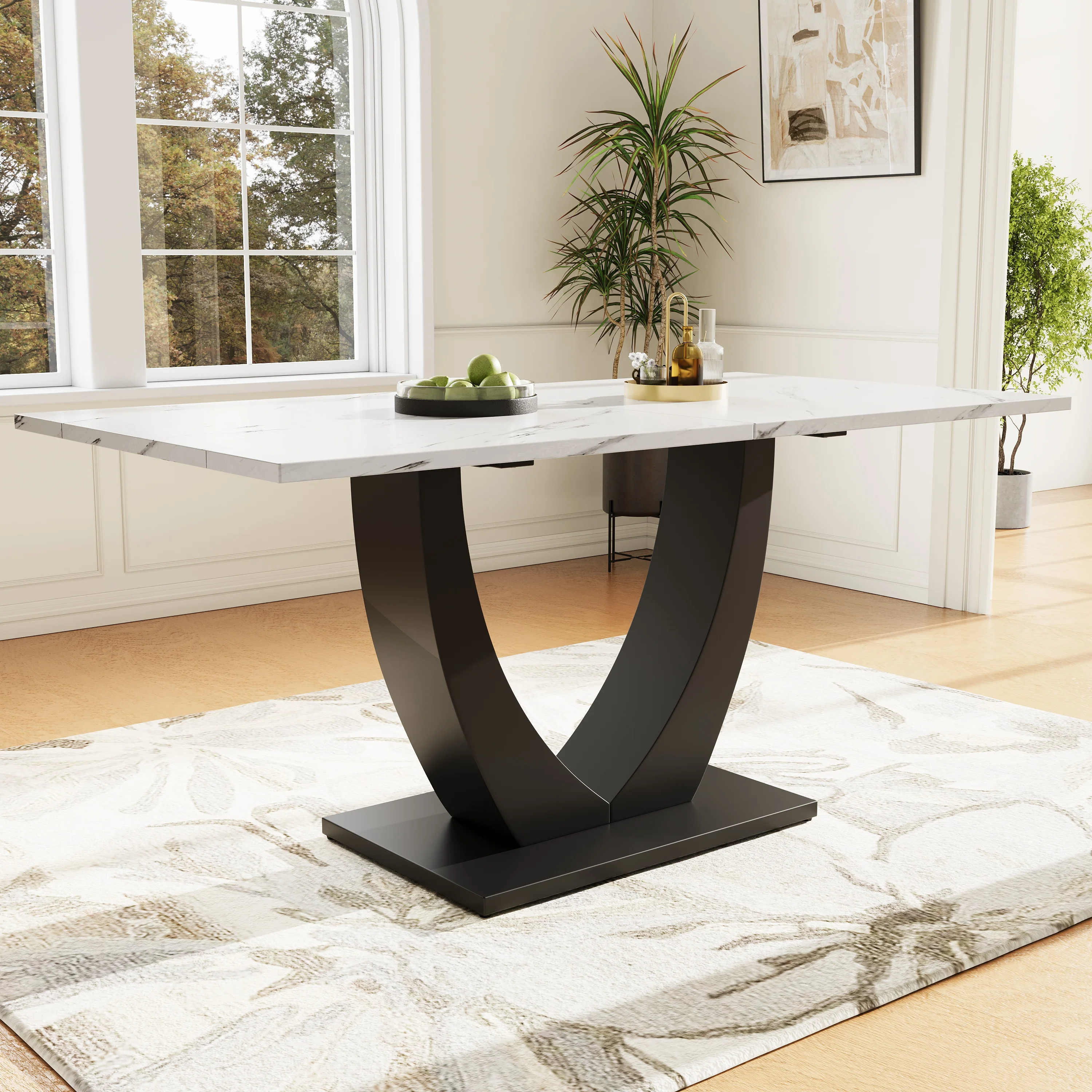 Dining Table Set 5-Piece Modern U-Shaped White Marble Grey Velvet - Image 3