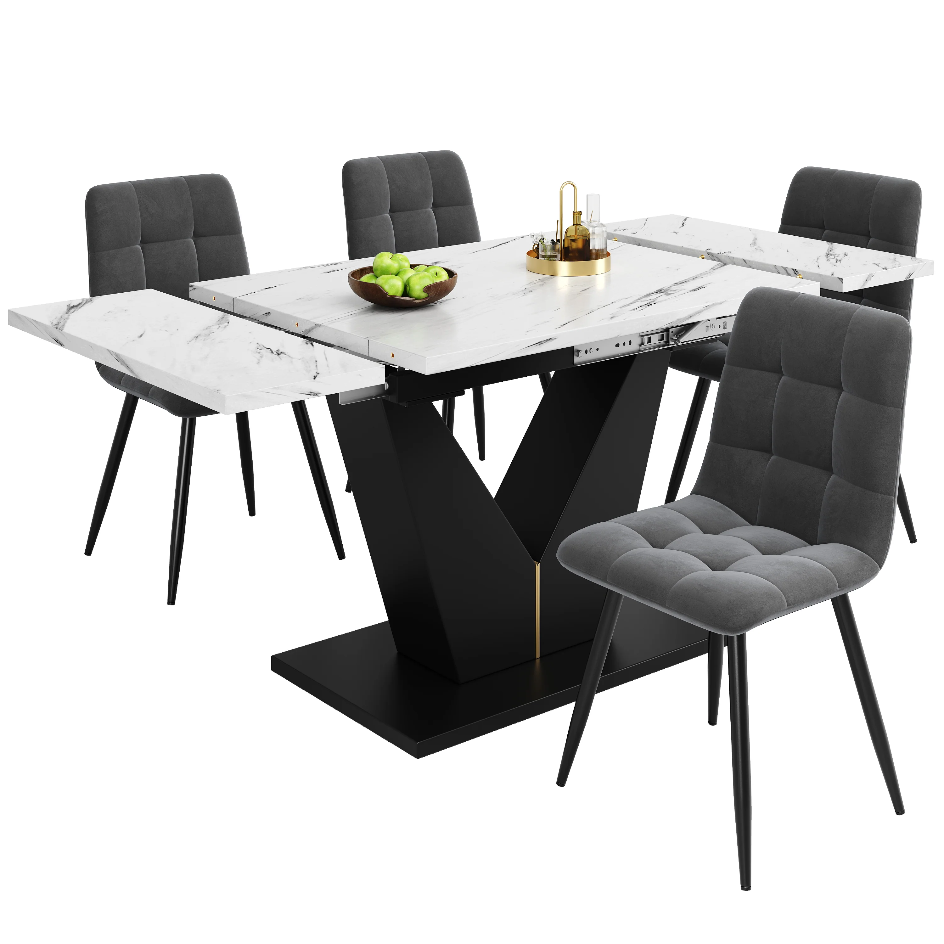 Dining Table Set 5-Piece Modern U-Shaped White Marble Grey Velvet - Image 4