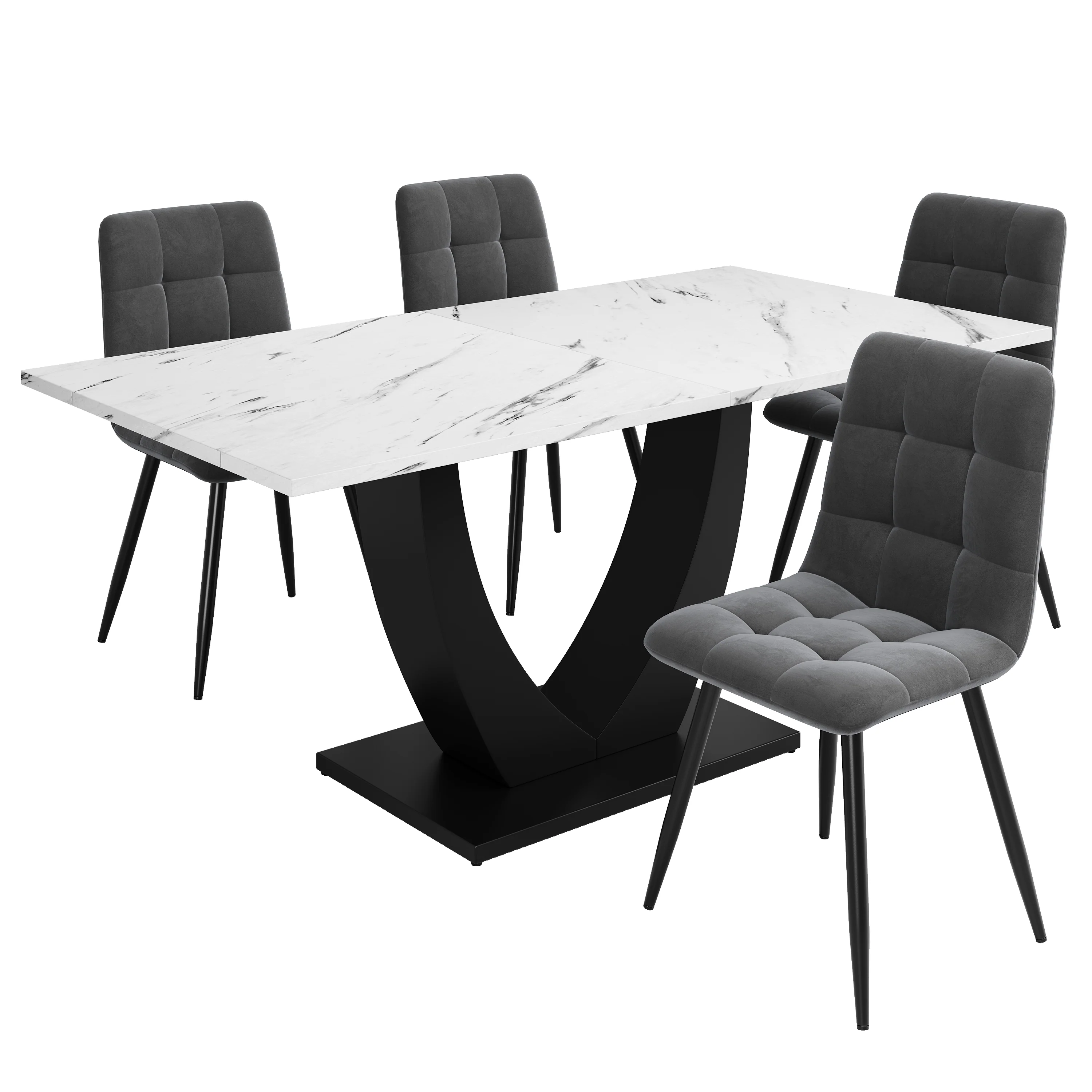 Dining Table Set 5-Piece Modern U-Shaped White Marble Grey Velvet - Image 5