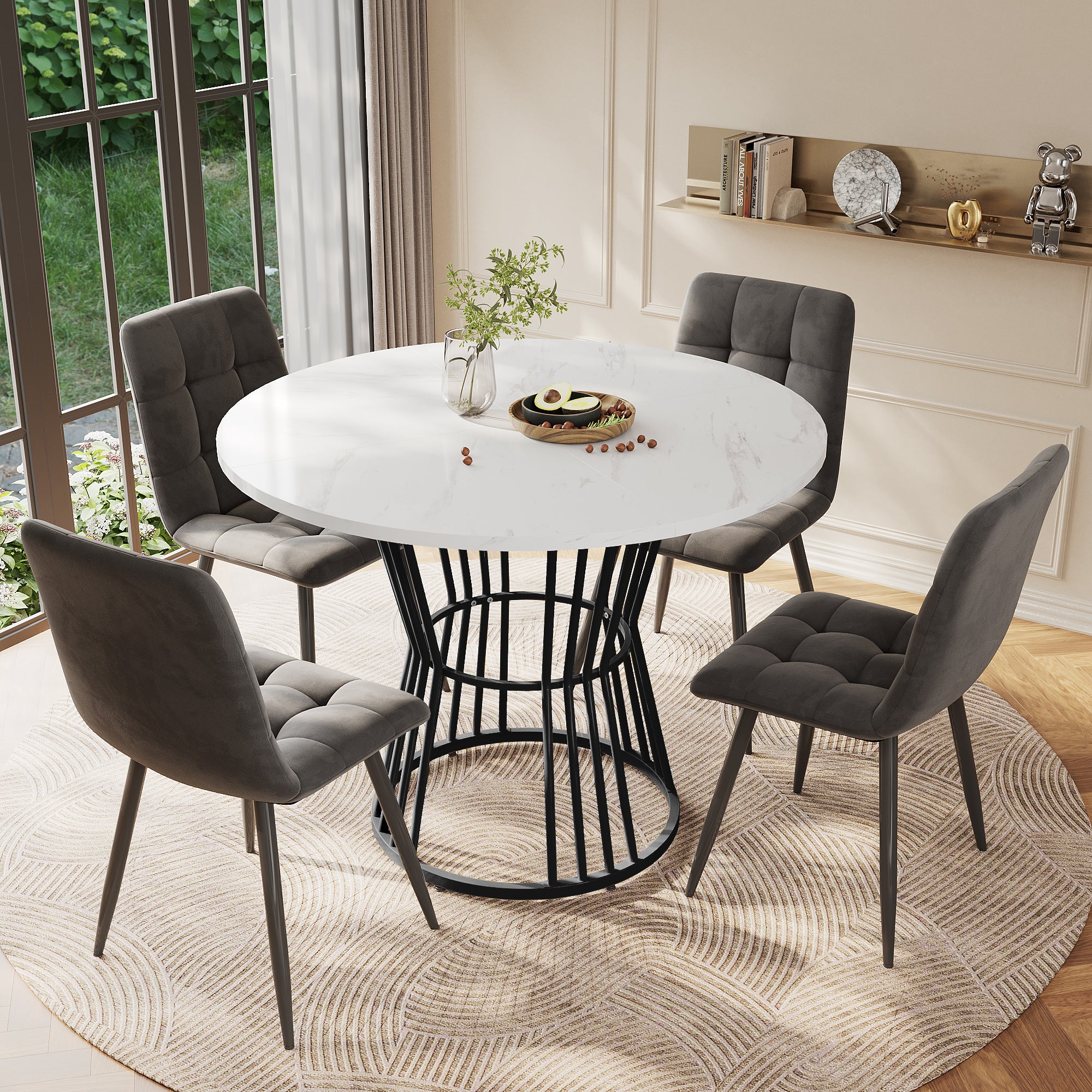 Dining Table Set 5-Piece Round 100cm Black Metal White MDF Dark Grey Velvet - Image 2