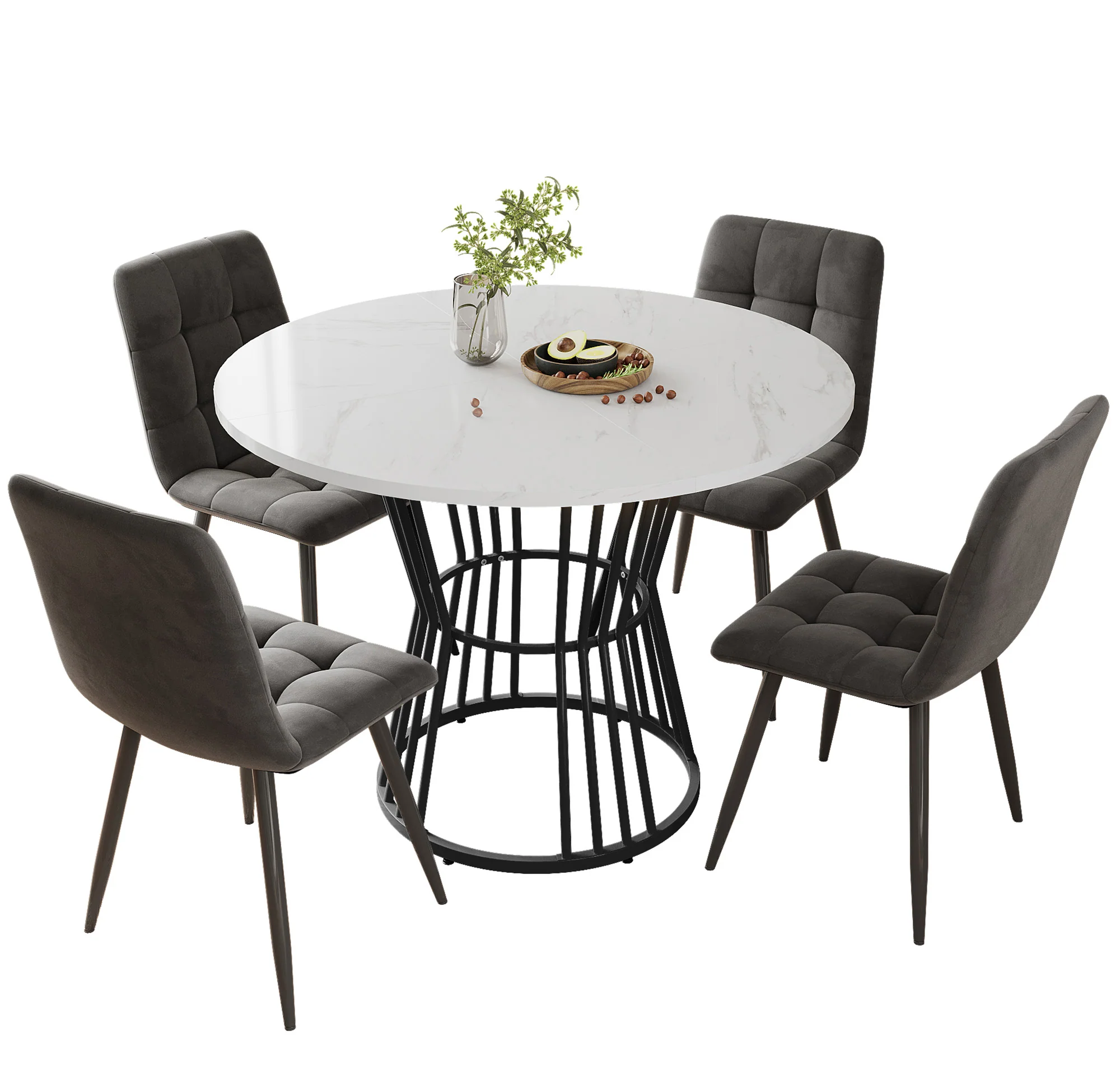 Dining Table Set 5-Piece Round 100cm Black Metal White MDF Dark Grey Velvet - Image 3