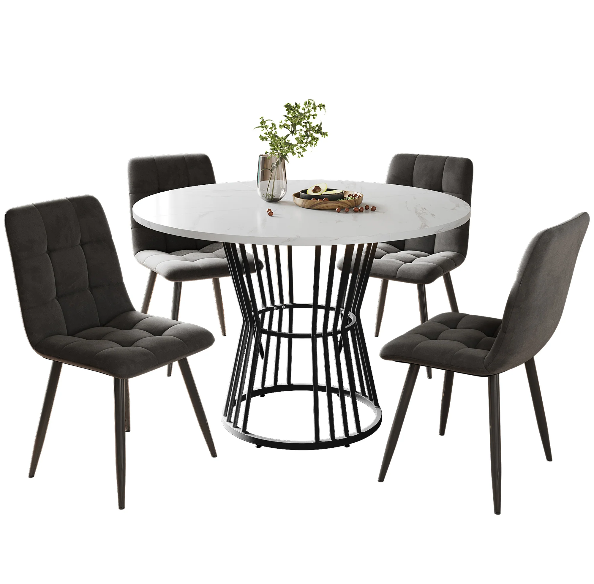 Dining Table Set 5-Piece Round 100cm Black Metal White MDF Dark Grey Velvet - Image 4