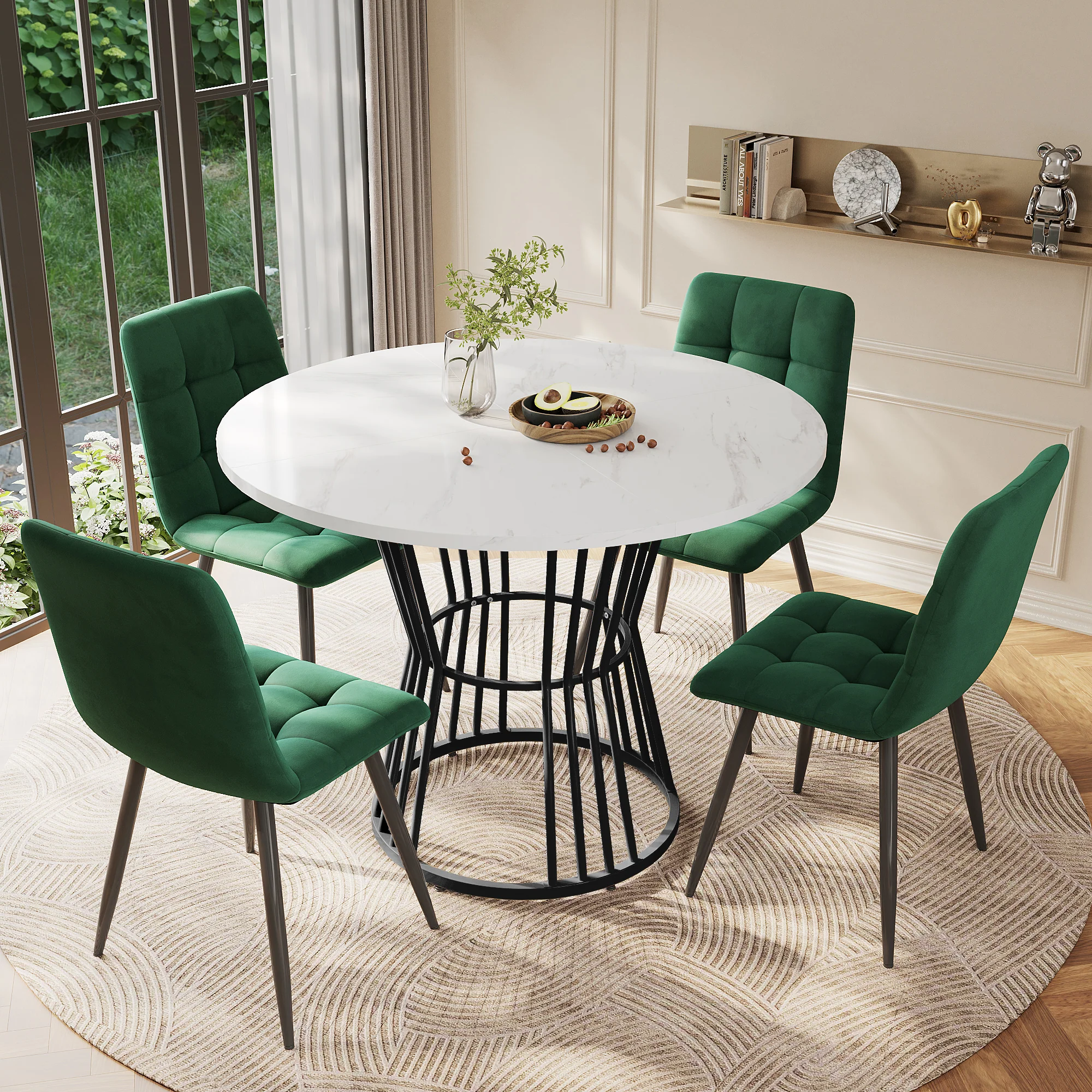 Dining Table Set 5-Piece Round 100cm Black Metal White MDF Green Velvet - Image 2