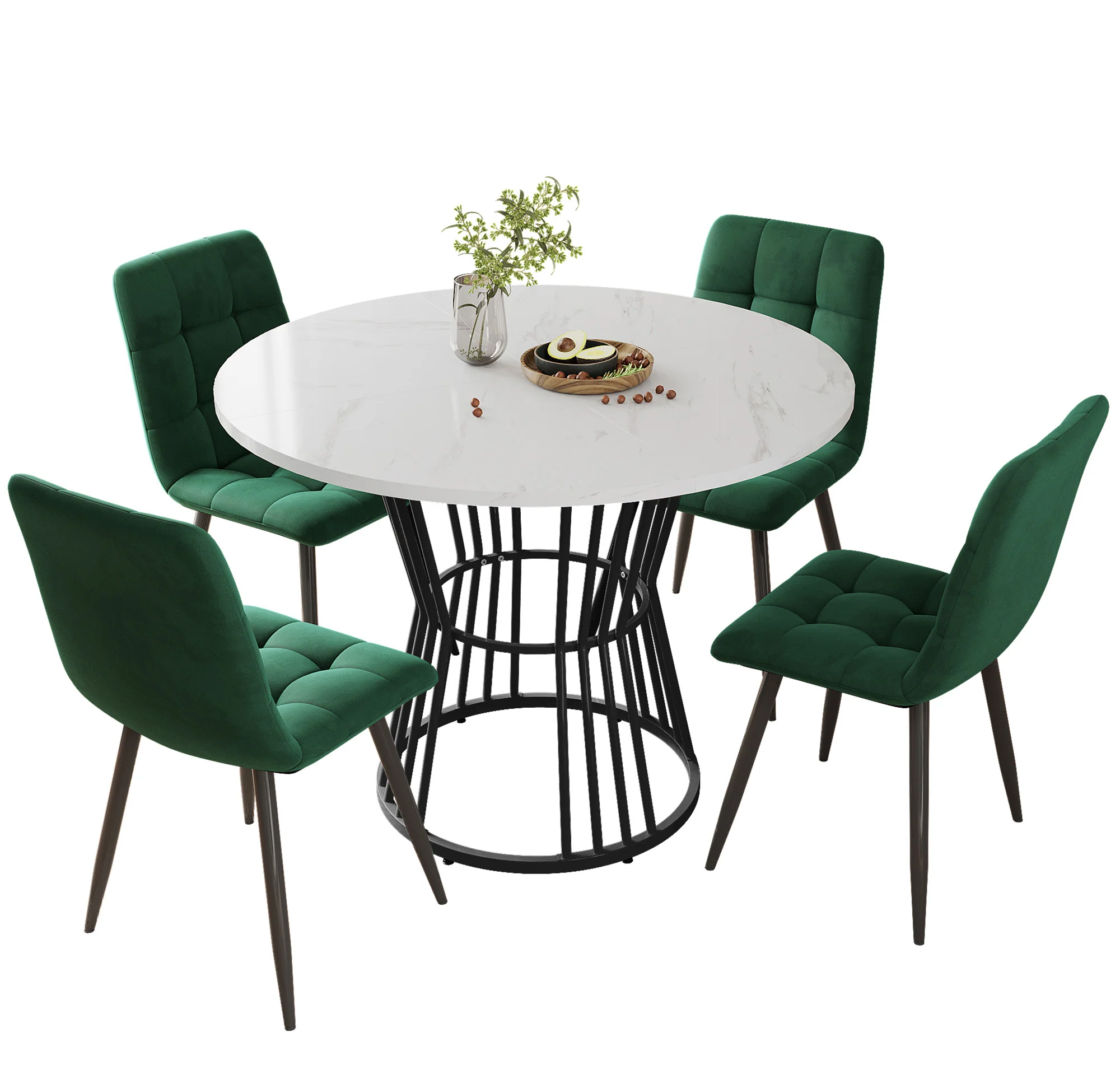 Dining Table Set 5-Piece Round 100cm Black Metal White MDF Green Velvet - Image 5