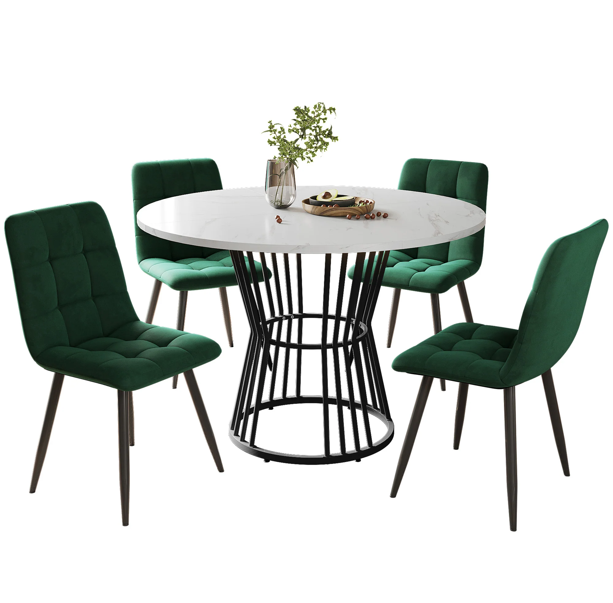Dining Table Set 5-Piece Round 100cm Black Metal White MDF Green Velvet - Image 7