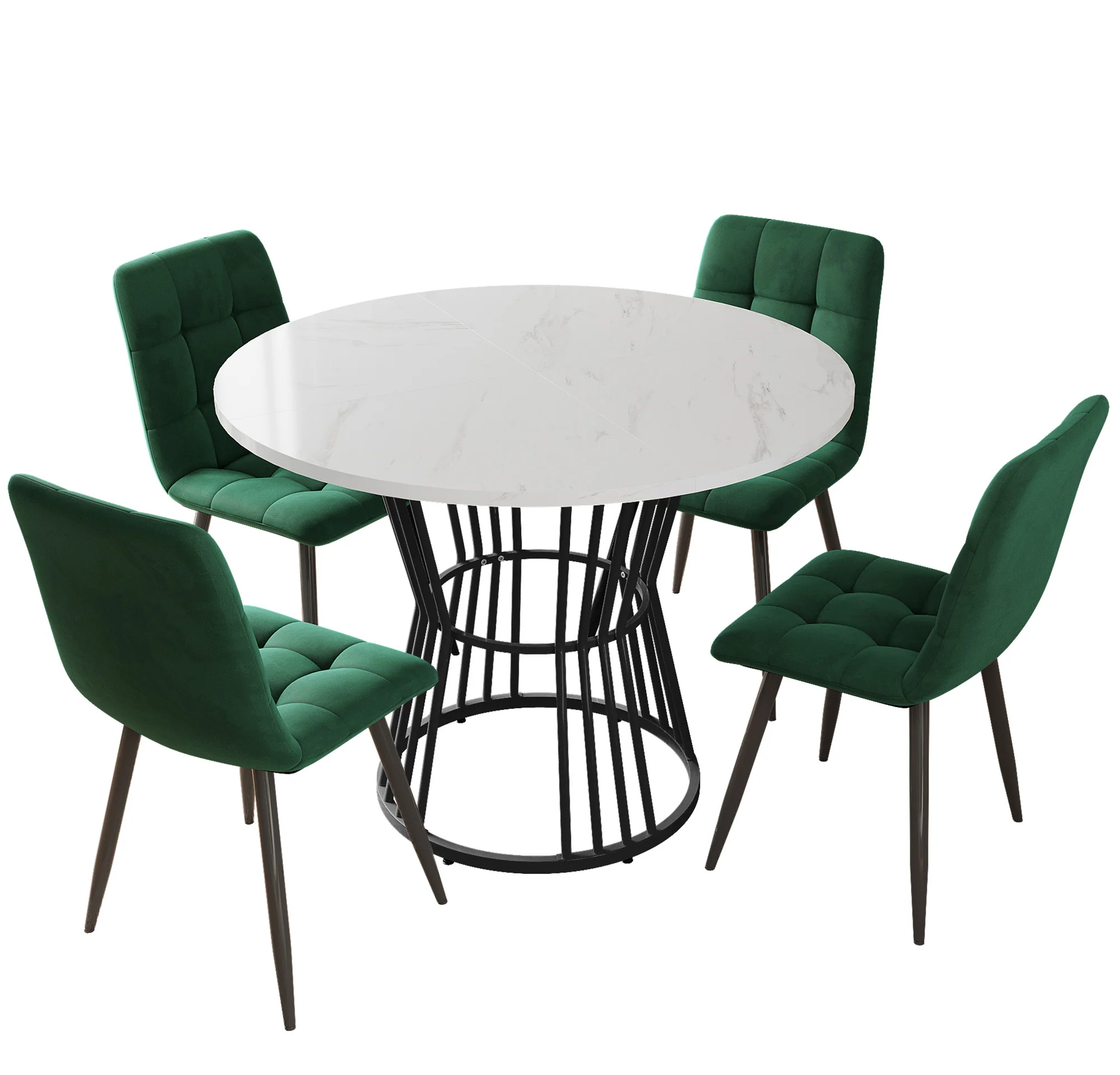Dining Table Set 5-Piece Round 100cm Black Metal White MDF Green Velvet - Image 8