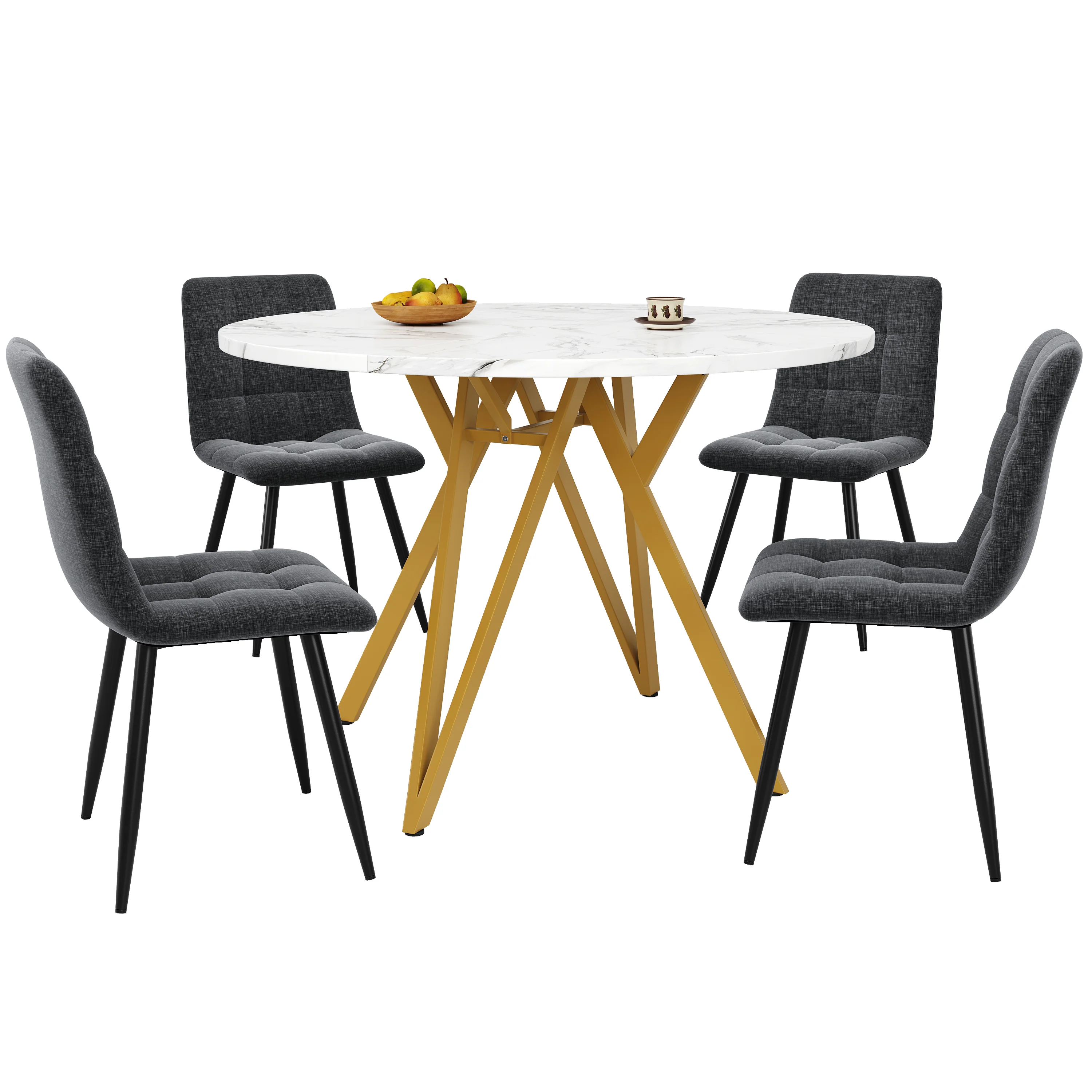 Dining Table Set 5-Piece Round 100cm Gold Metal Legs MDF Marble/Grey - Image 4