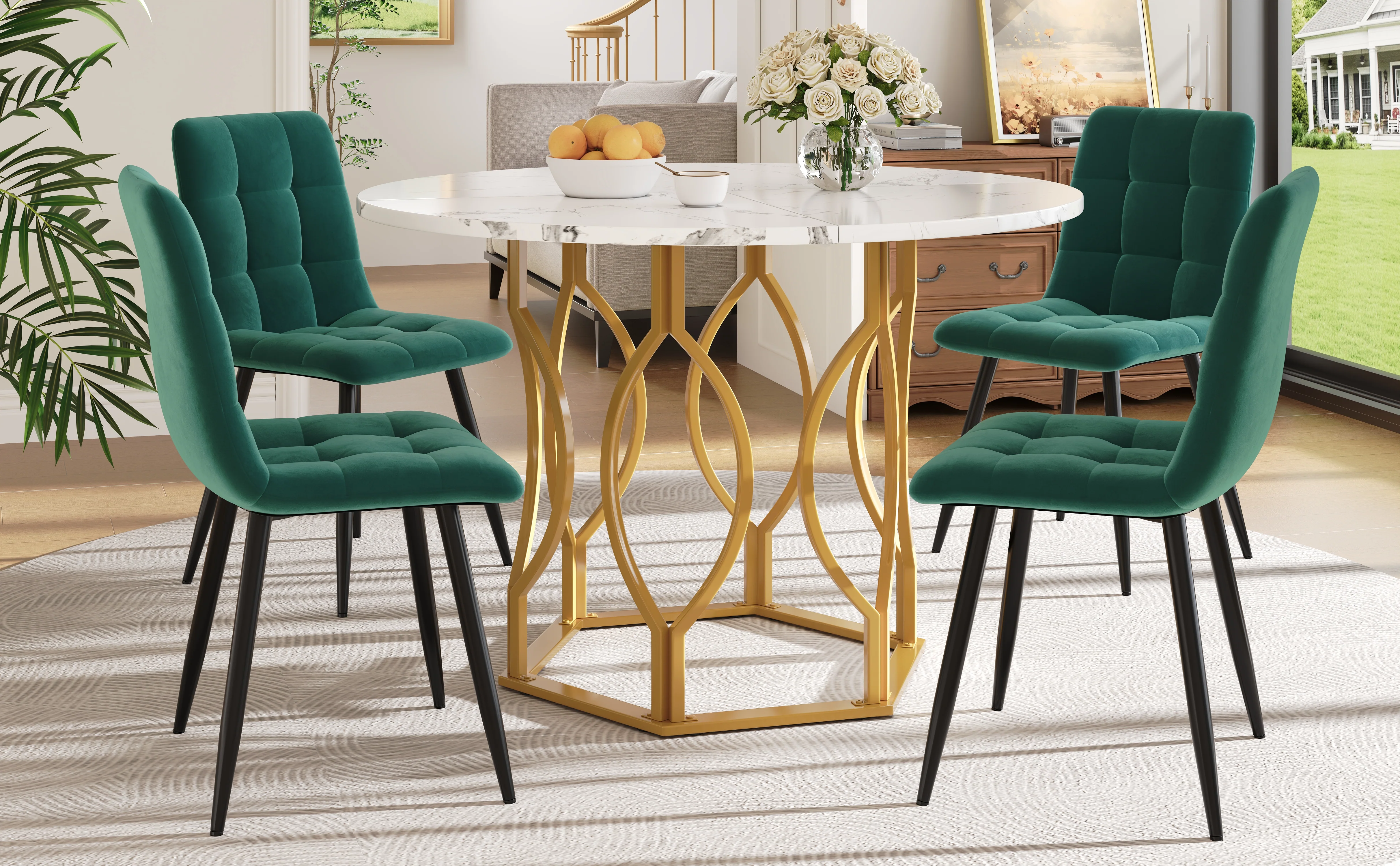 Dining Table Set 5-Piece Round 100cm Gold Metal Legs White MDF Dark Green Velvet - Image 2