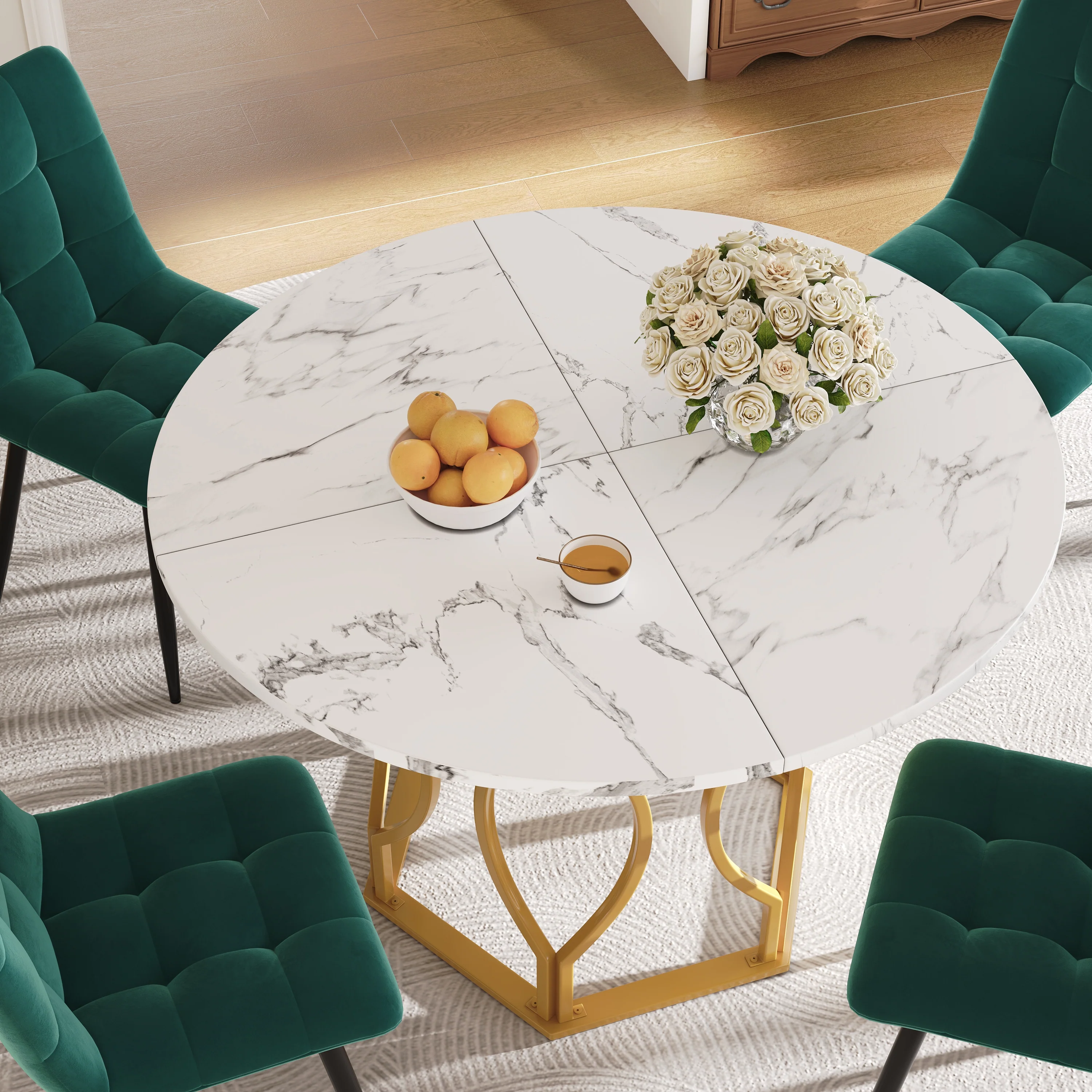 Dining Table Set 5-Piece Round 100cm Gold Metal Legs White MDF Dark Green Velvet - Image 3