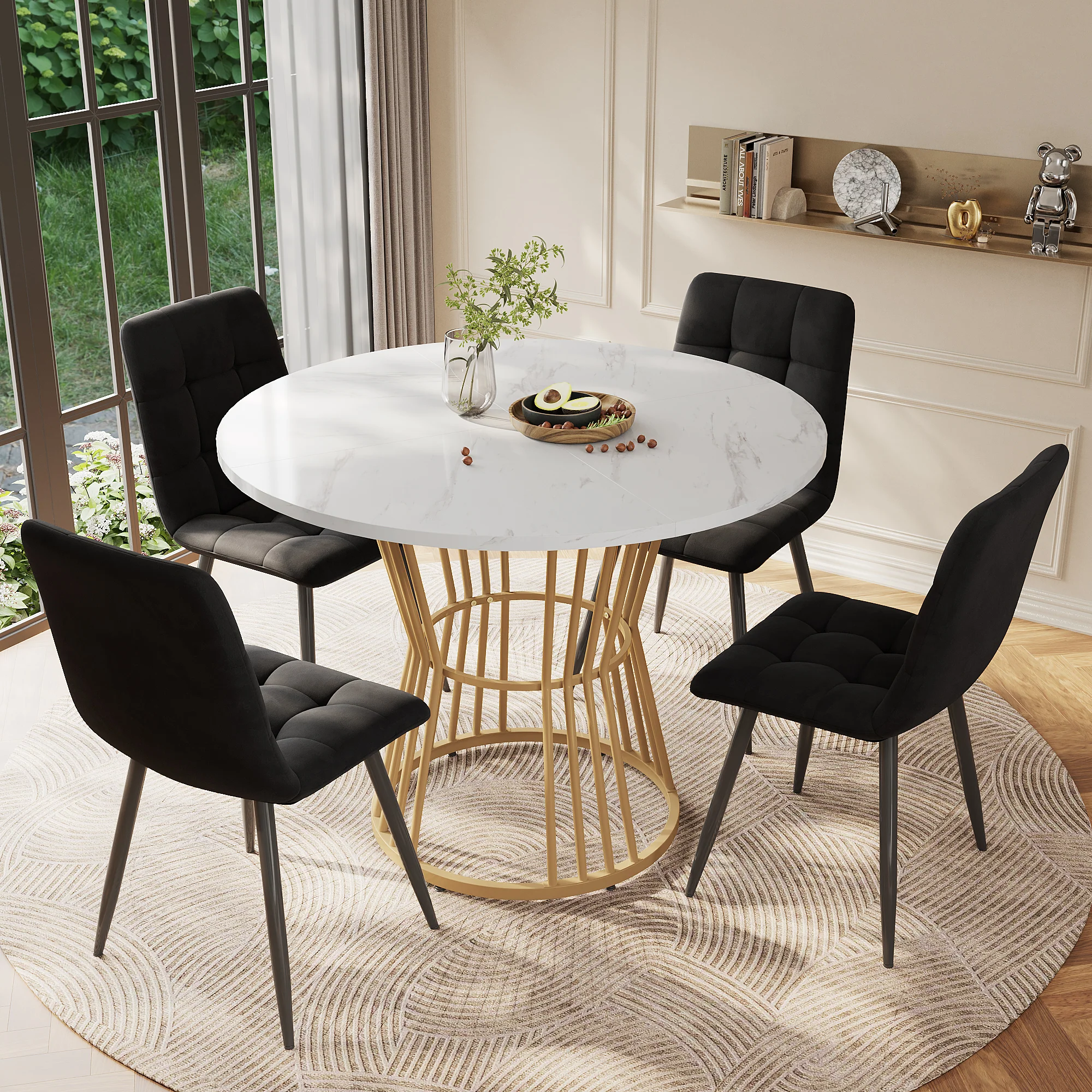 Dining Table Set (5-Piece) Round 100cm Table Gold Metal Legs White MDF Black Velvet Chairs - Image 2