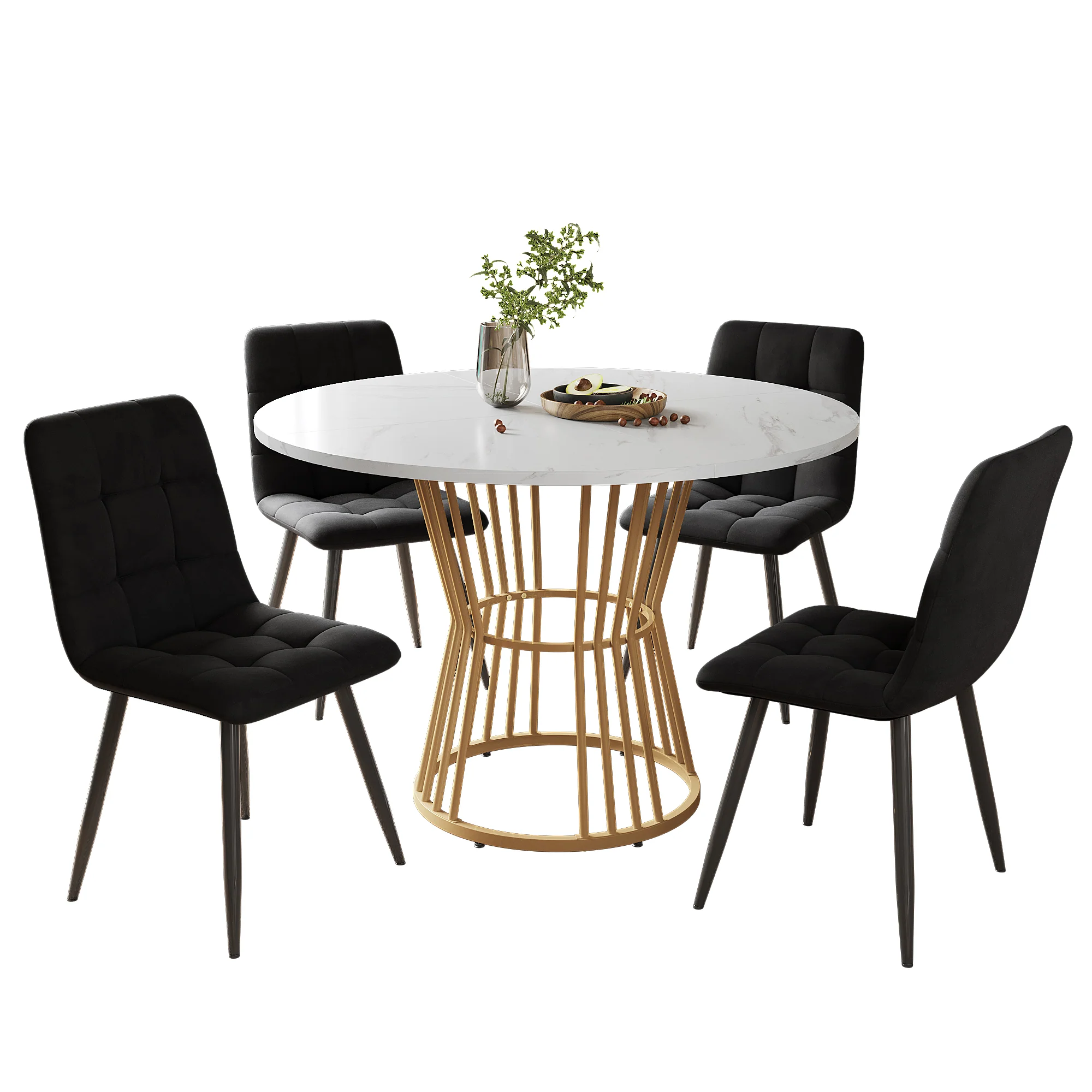 Dining Table Set (5-Piece) Round 100cm Table Gold Metal Legs White MDF Black Velvet Chairs - Image 3