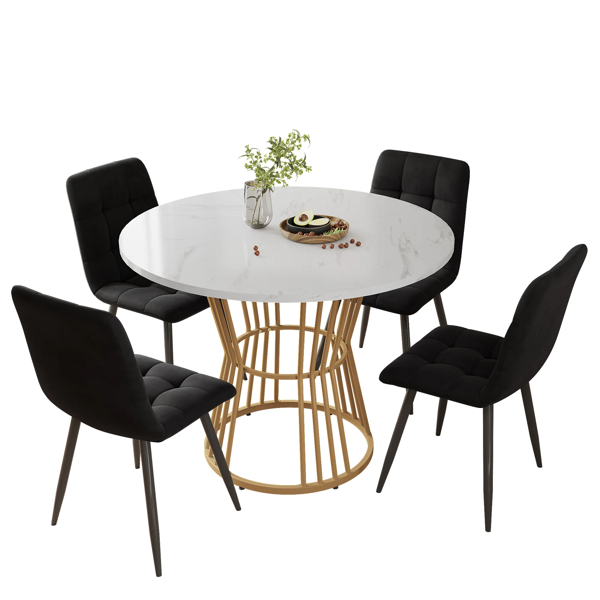 Dining Table Set (5-Piece) Round 100cm Table Gold Metal Legs White MDF Black Velvet Chairs - Image 4