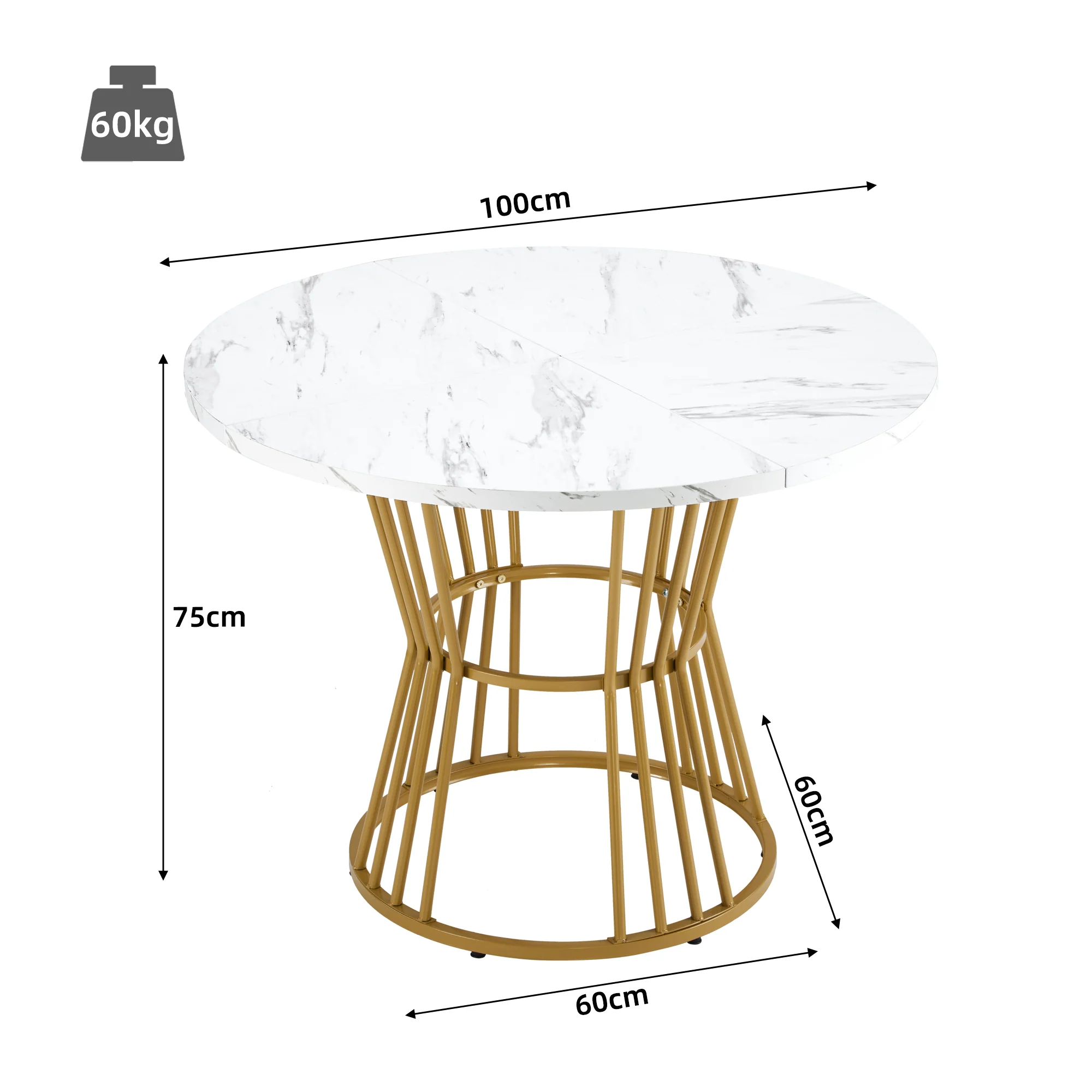 Dining Table Set (5-Piece) Round 100cm Table Gold Metal Legs White MDF Black Velvet Chairs - Image 6
