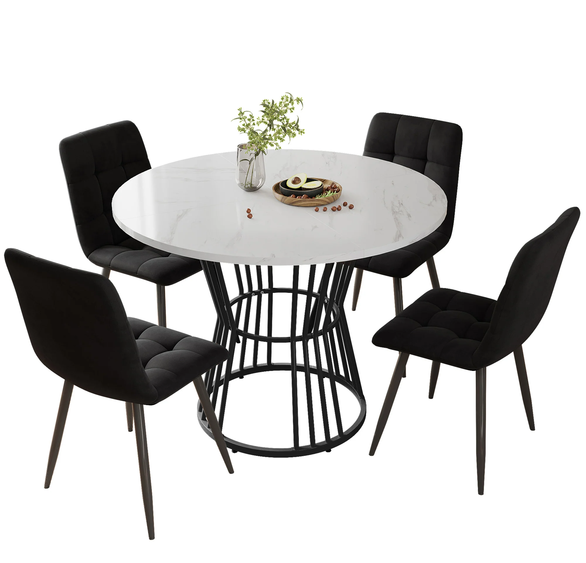 Dining Table Set 5-Piece Round 100cm Velvet Chairs - White/Black - Image 3