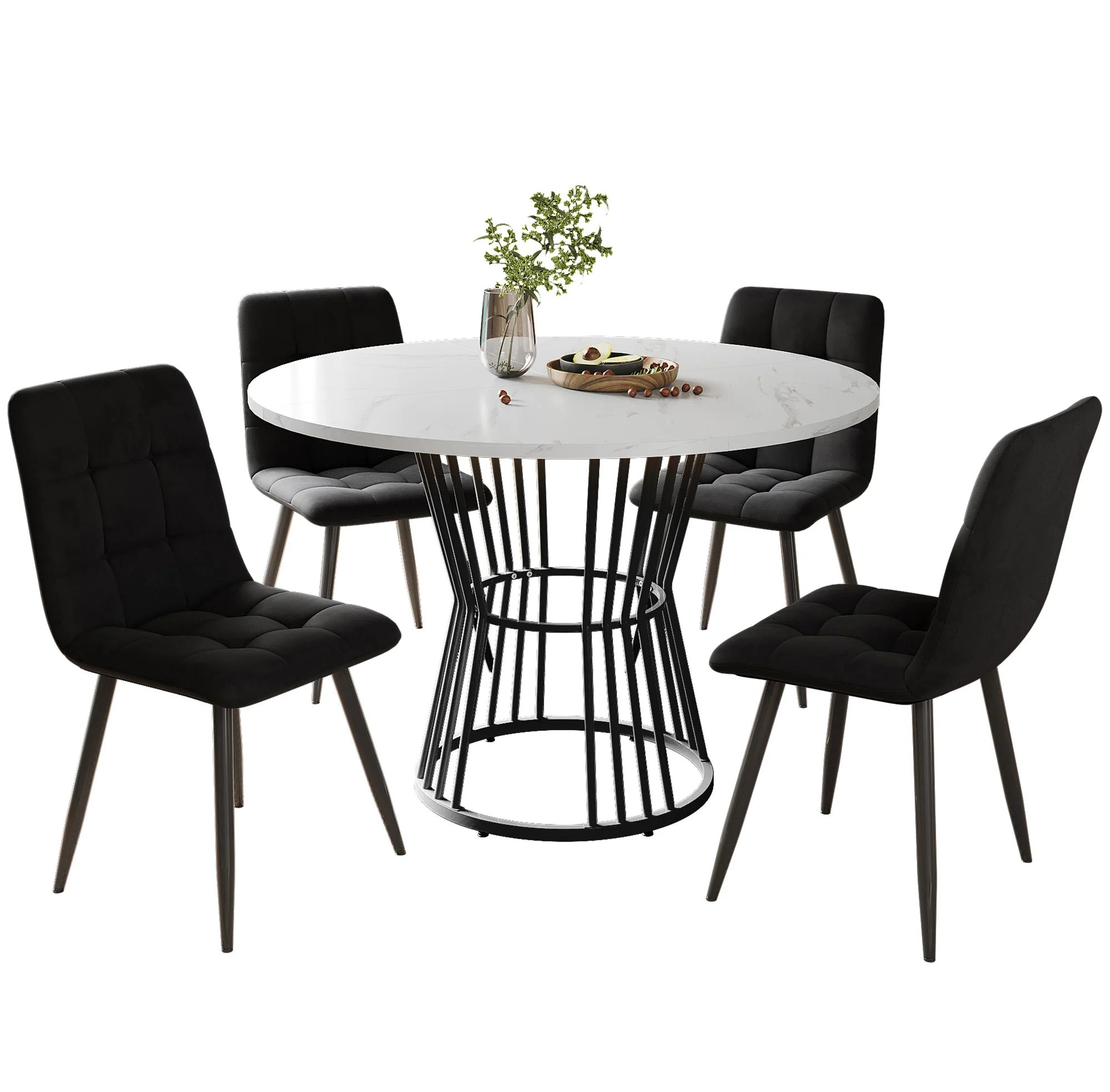 Dining Table Set 5-Piece Round 100cm Velvet Chairs - White/Black - Image 4