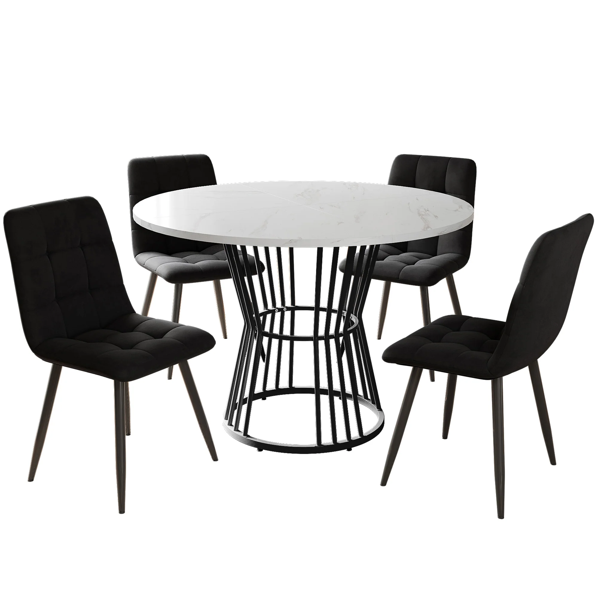 Dining Table Set 5-Piece Round 100cm Velvet Chairs - White/Black - Image 5