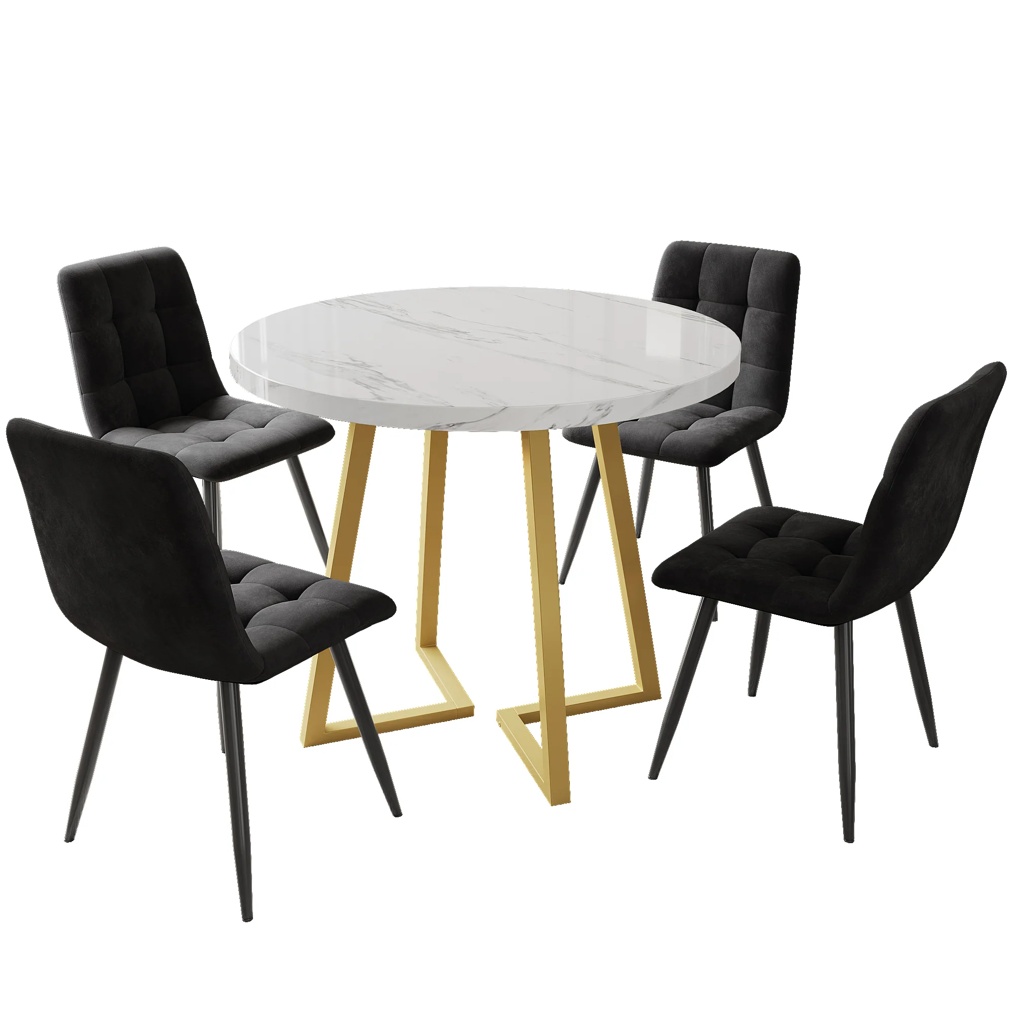 Dining Table Set (5-piece) Round 80cm Kitchen Table White MDF, Gold Metal/Black Velvet - Image 2