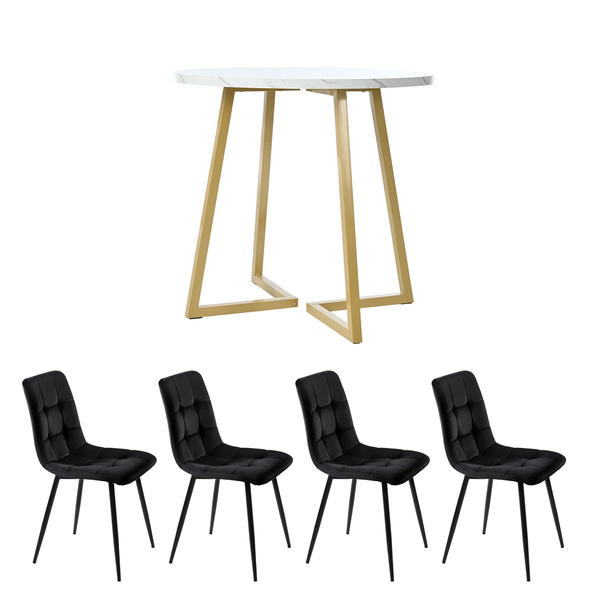 Dining Table Set (5-piece) Round 80cm Kitchen Table White MDF, Gold Metal/Black Velvet - Image 3